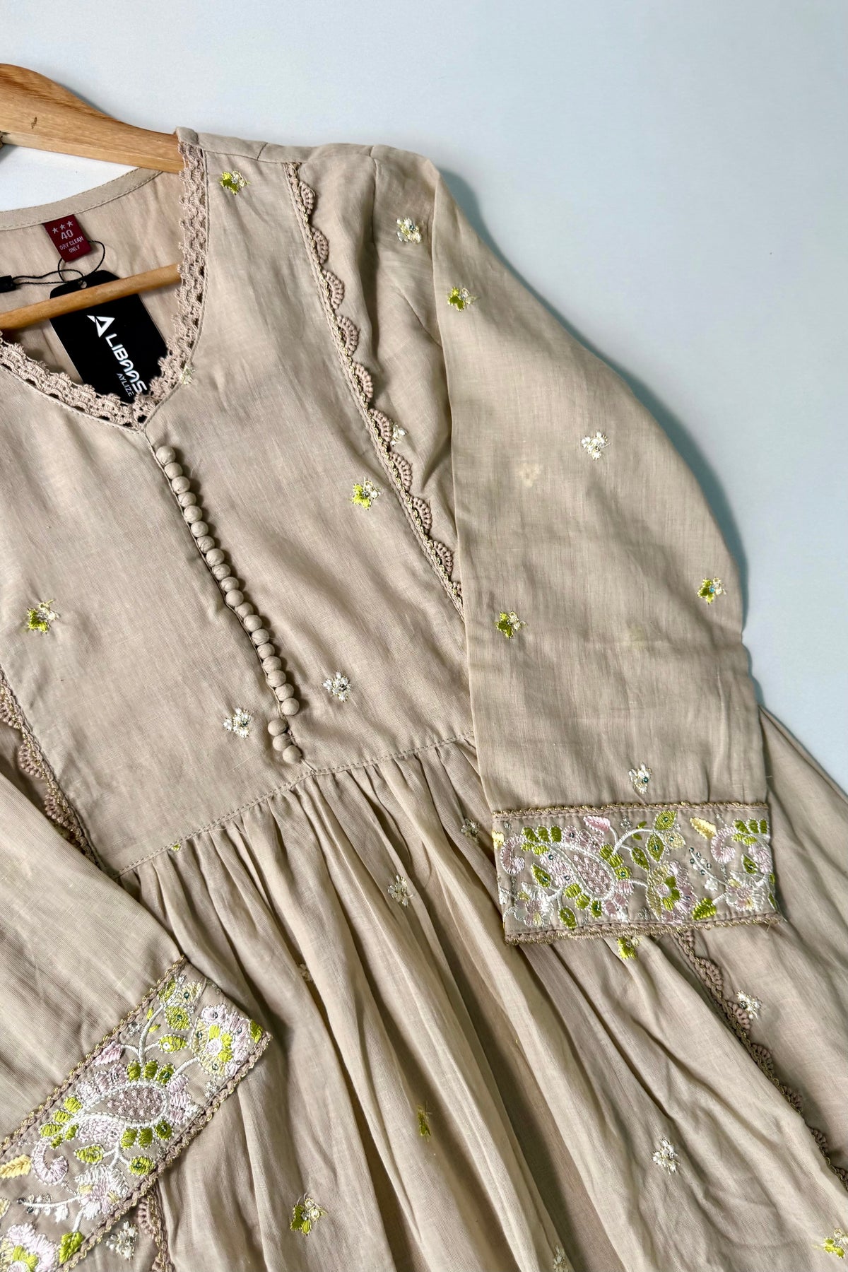 “Sana” Premium Sand Beige Cotton Embroidered Anarkali kurta set