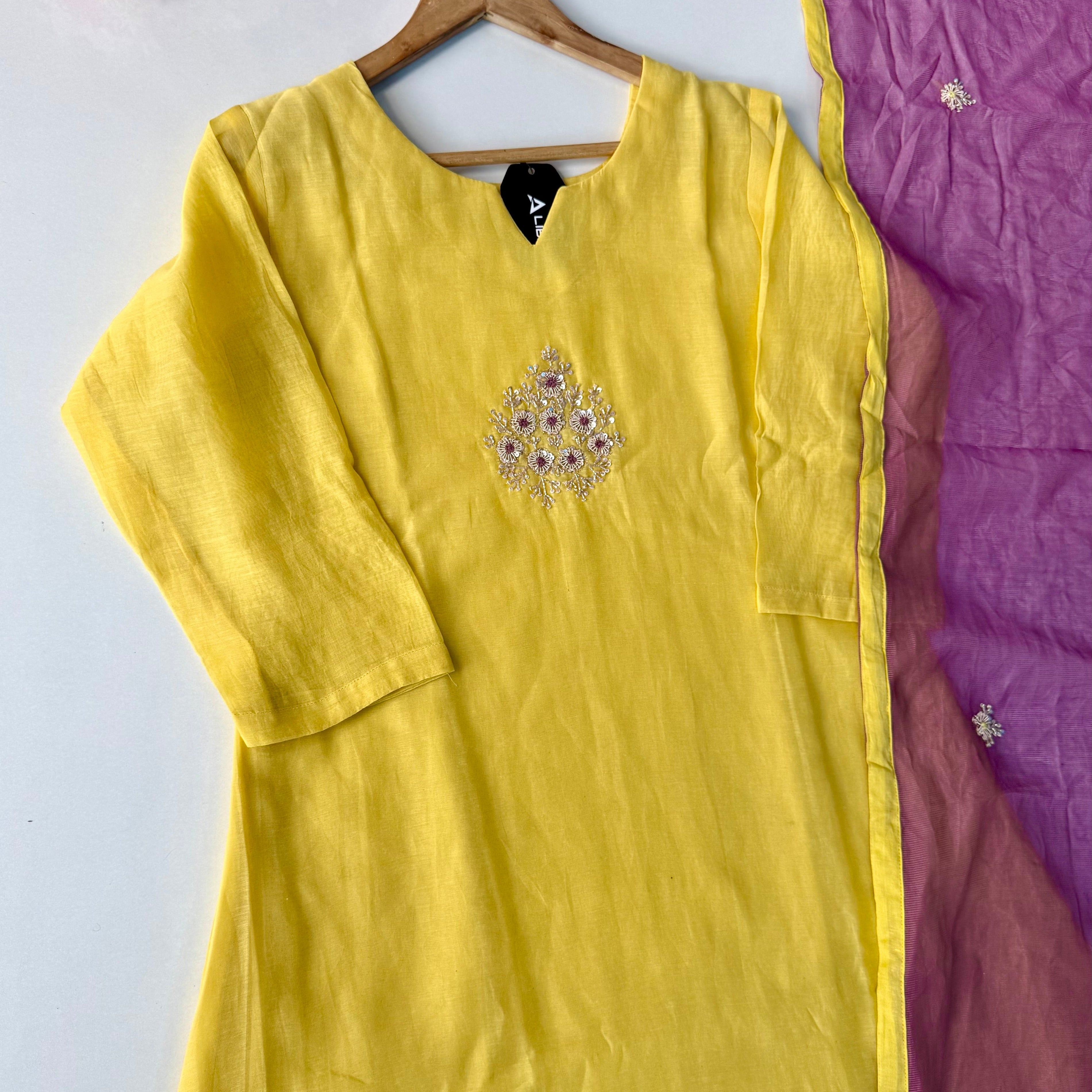 🛍️”Sinthya –  Premium Yellow Mul Chanderi A Line Kurta Set