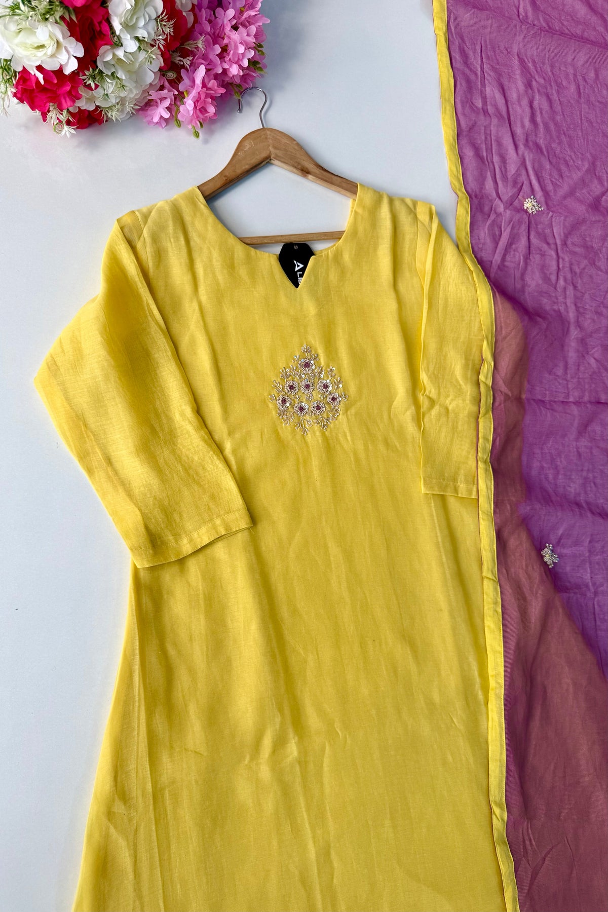 🛍️”Sinthya –  Premium Yellow Mul Chanderi A Line Kurta Set