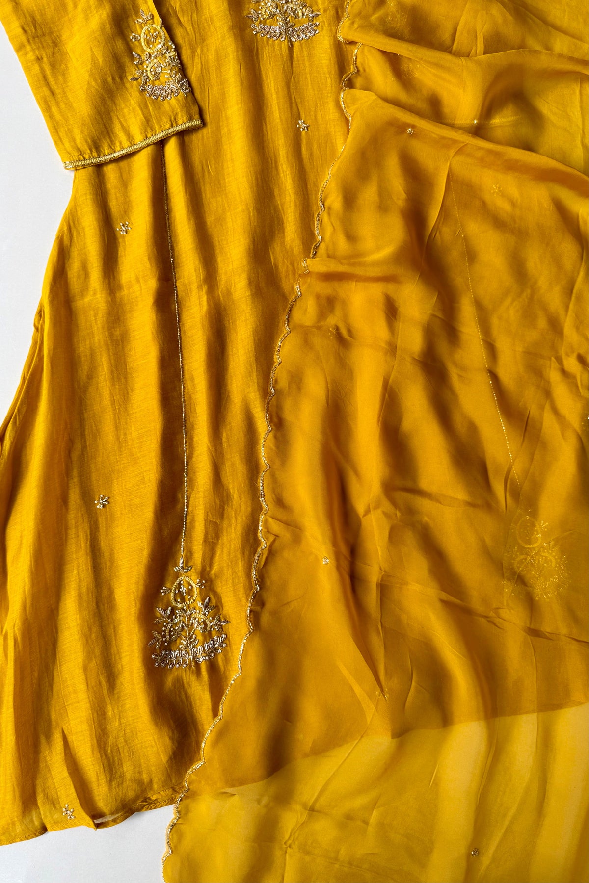 ✨”Zaria - Mustard Mul Chanderi A-Line Kurta Set