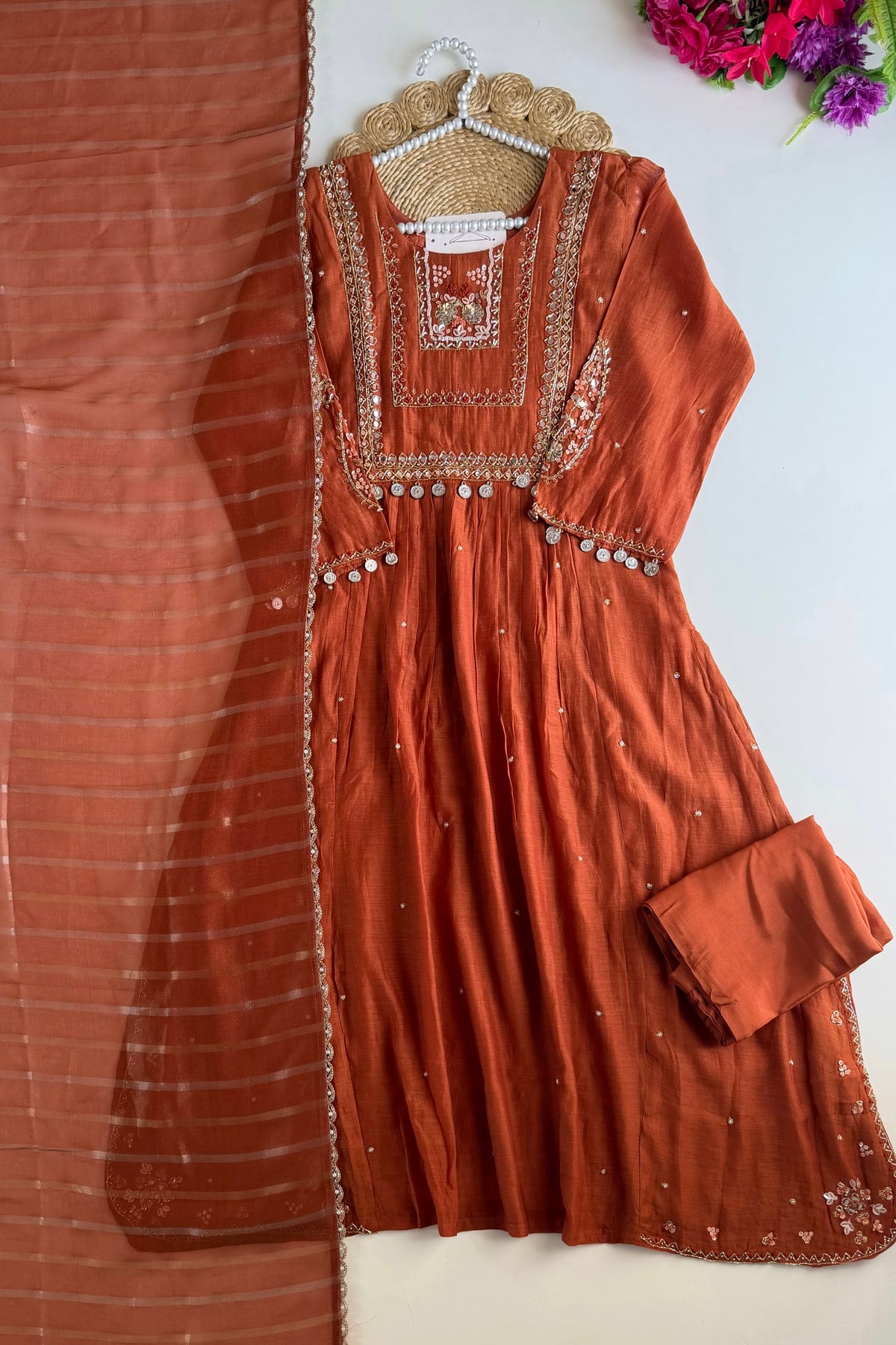 ✨”Noor - Premium Orange Mul Chanderi A-Line Kurta Set
