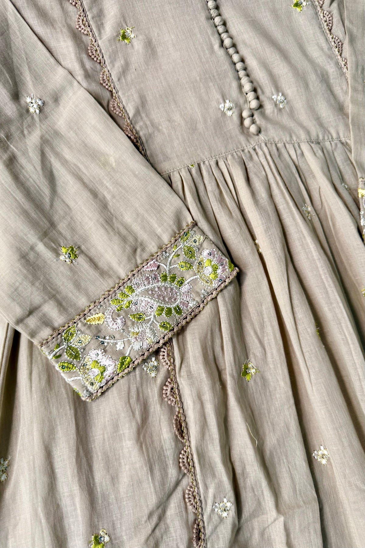 “Sana” Premium Sand Beige Cotton Embroidered Anarkali kurta set