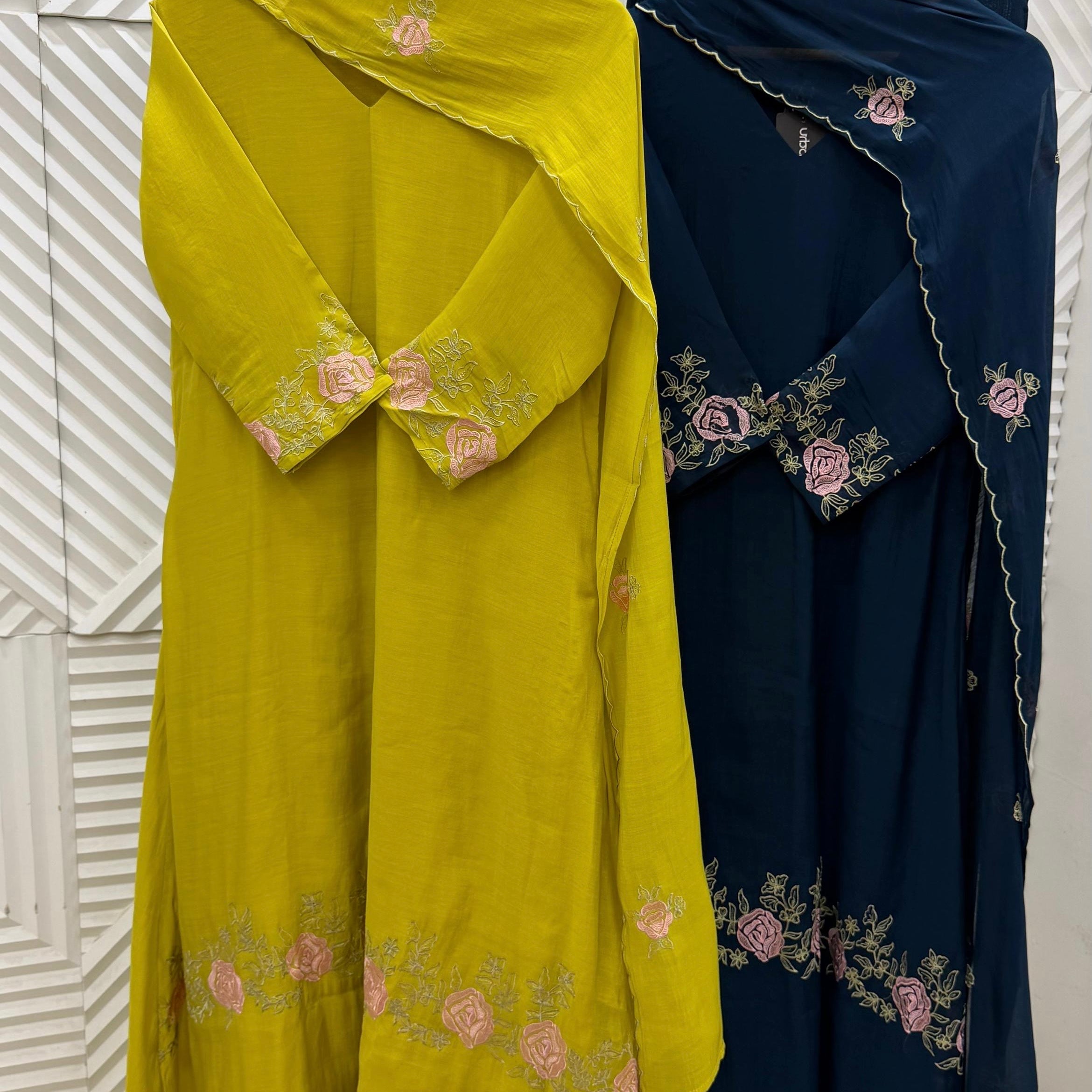 ✨Ay05- Pre book Mul Chanderi Embroidered Work A Line Kurta Set