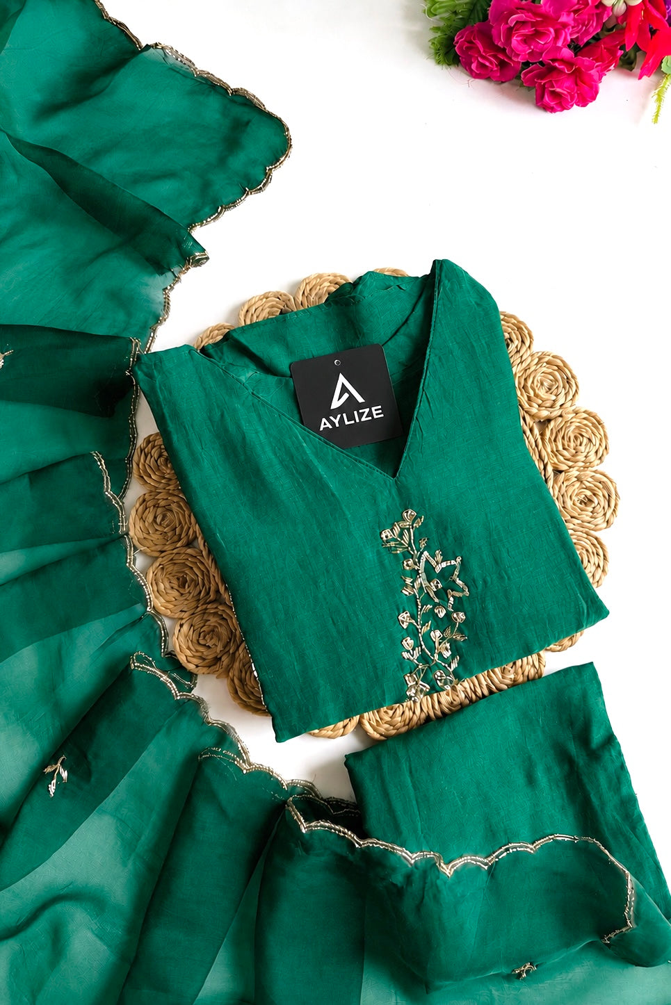 ✨”Rida - Pre book Premium Green Mul Chanderi A-Line Kurta Set