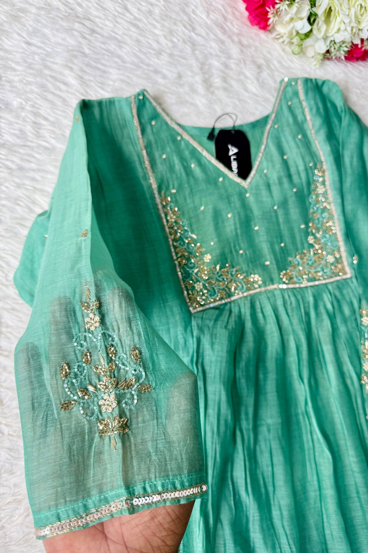 ✨ Gulnoor – Green Mul Chanderi A-Line Kurta Set with Dupatta
