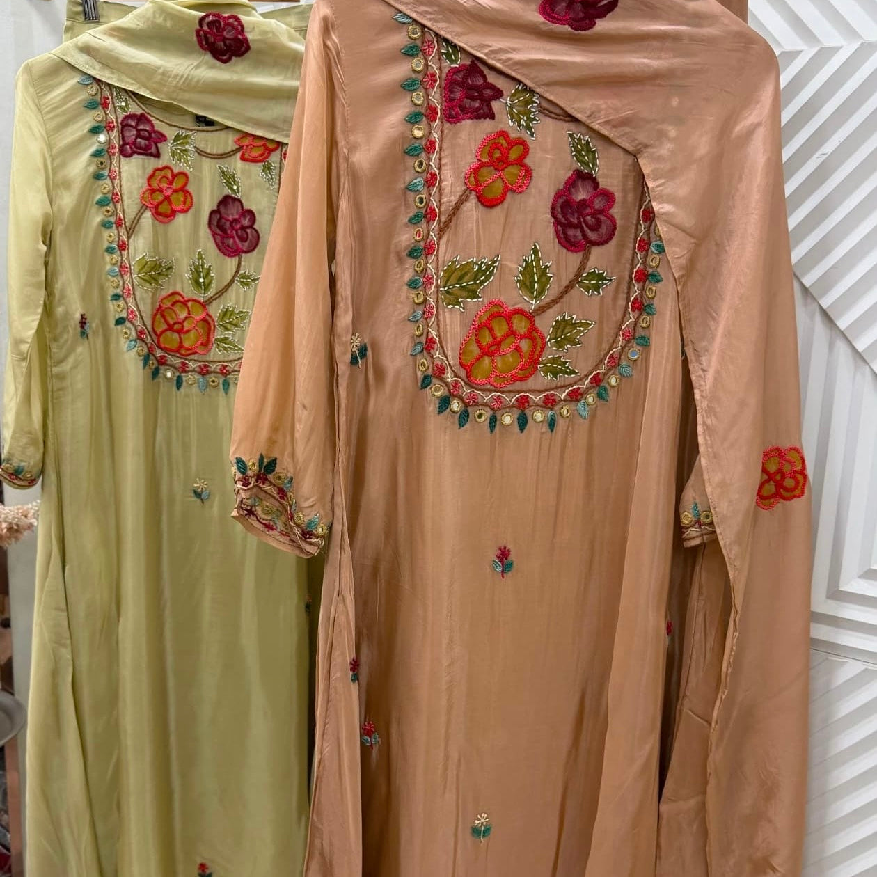 🛍️”Farhat –  Mul Chanderi Thread work A Line Kurta Set