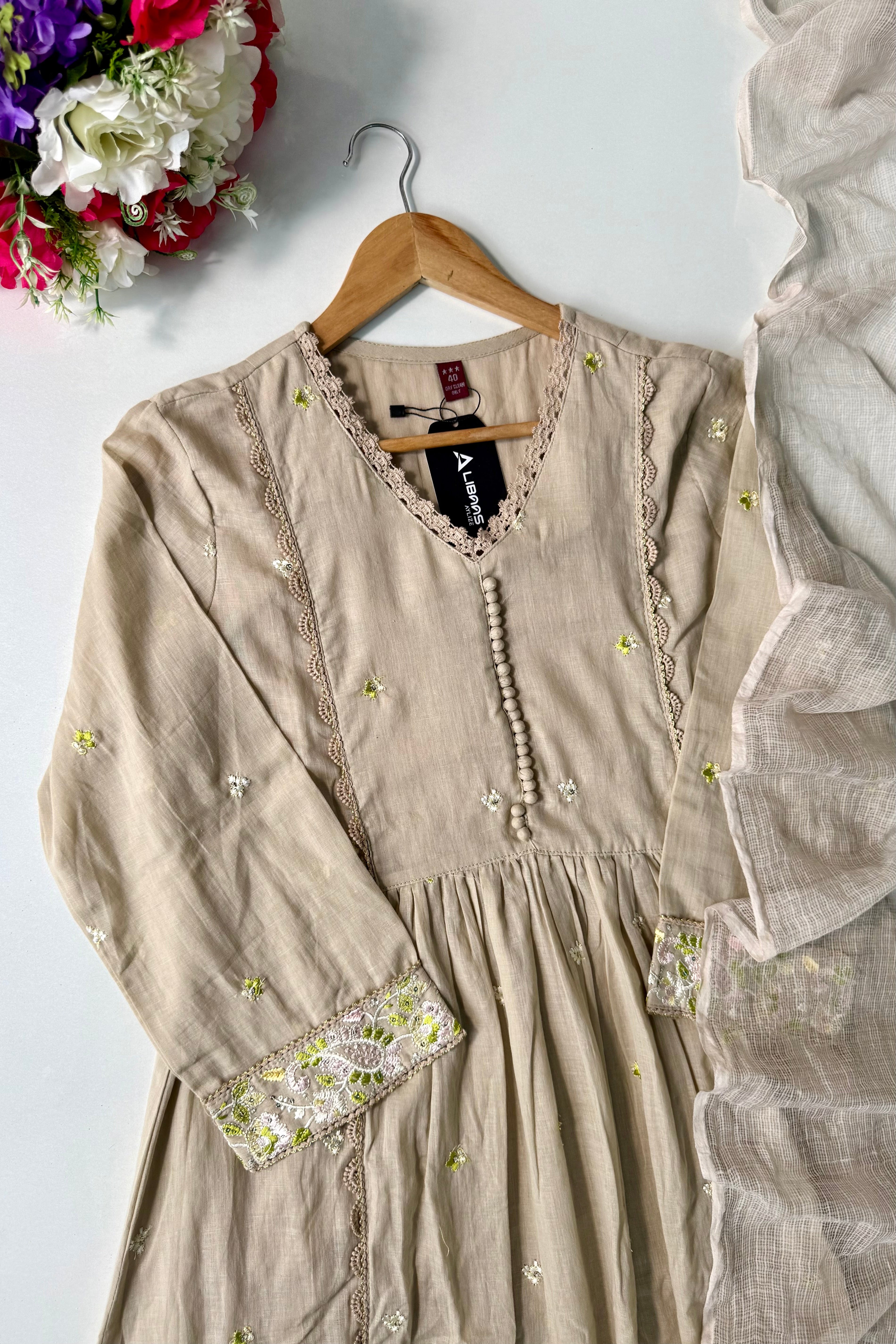 “Sana” Premium Sand Beige Cotton Embroidered Anarkali kurta set