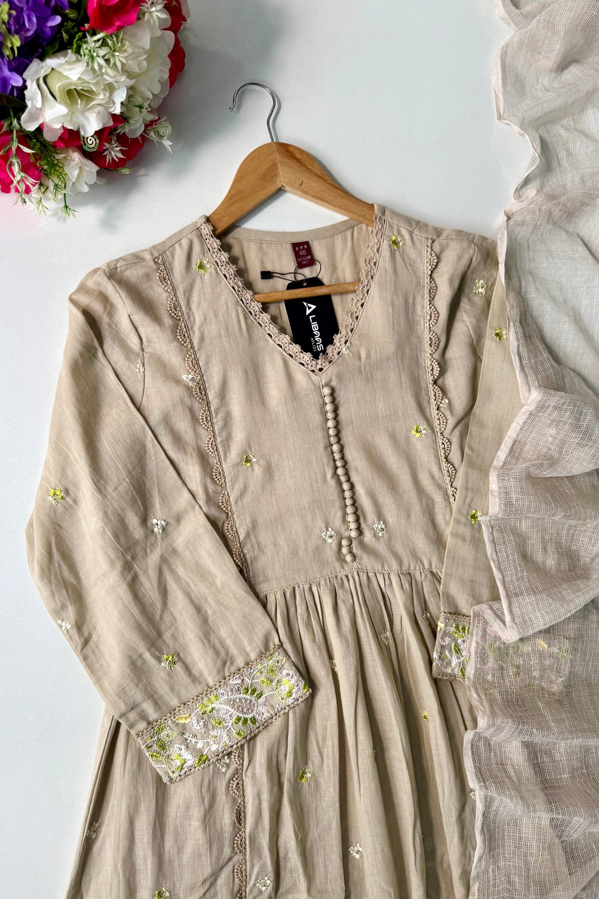 “Sana” Premium Sand Beige Cotton Embroidered Anarkali kurta set