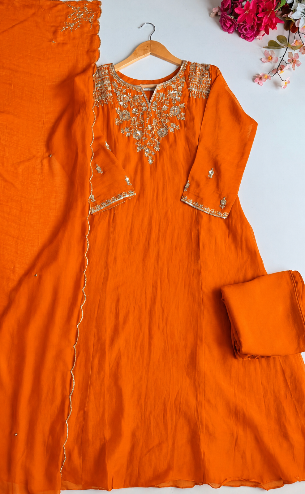 ✨”Aastha- Premium Orange Mul Chanderi A-Line Kurta Sets