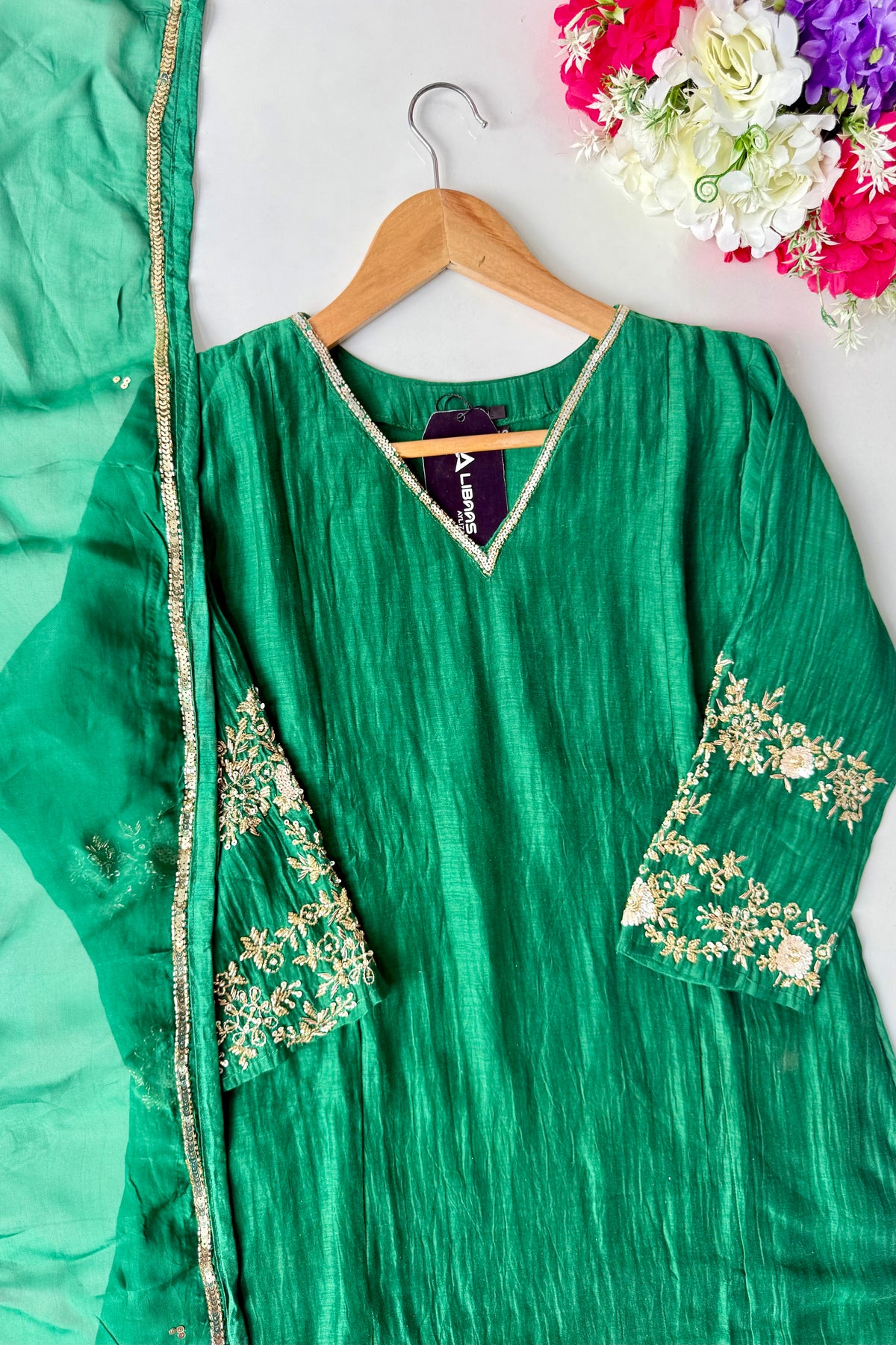 ✨”Amaya - Premium Green Mul Chanderi A-Line Kurta Set