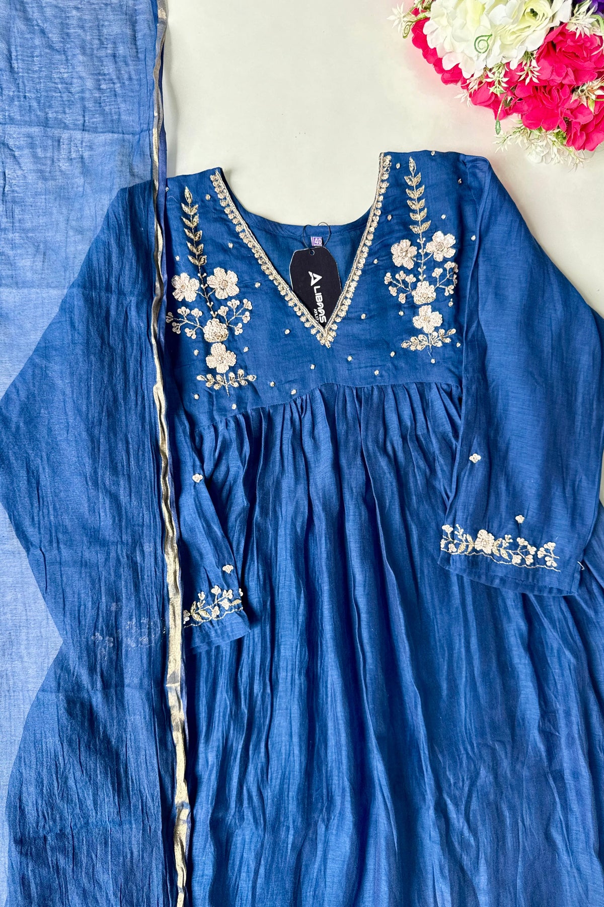 🛍️”Melody –  Premium Blue Banarsi Mul Chanderi Anarkali Suit