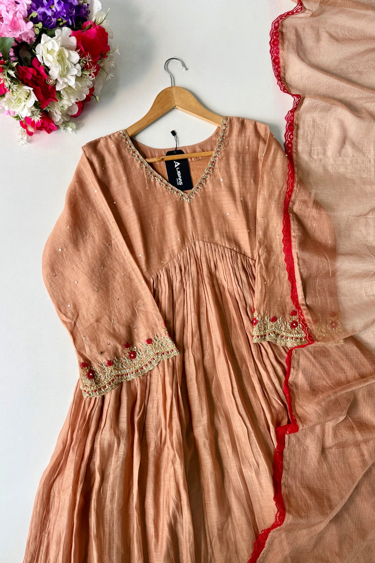 ✨”Almond- Honey Almond Mul Chanderi A-Line Kurta Set
