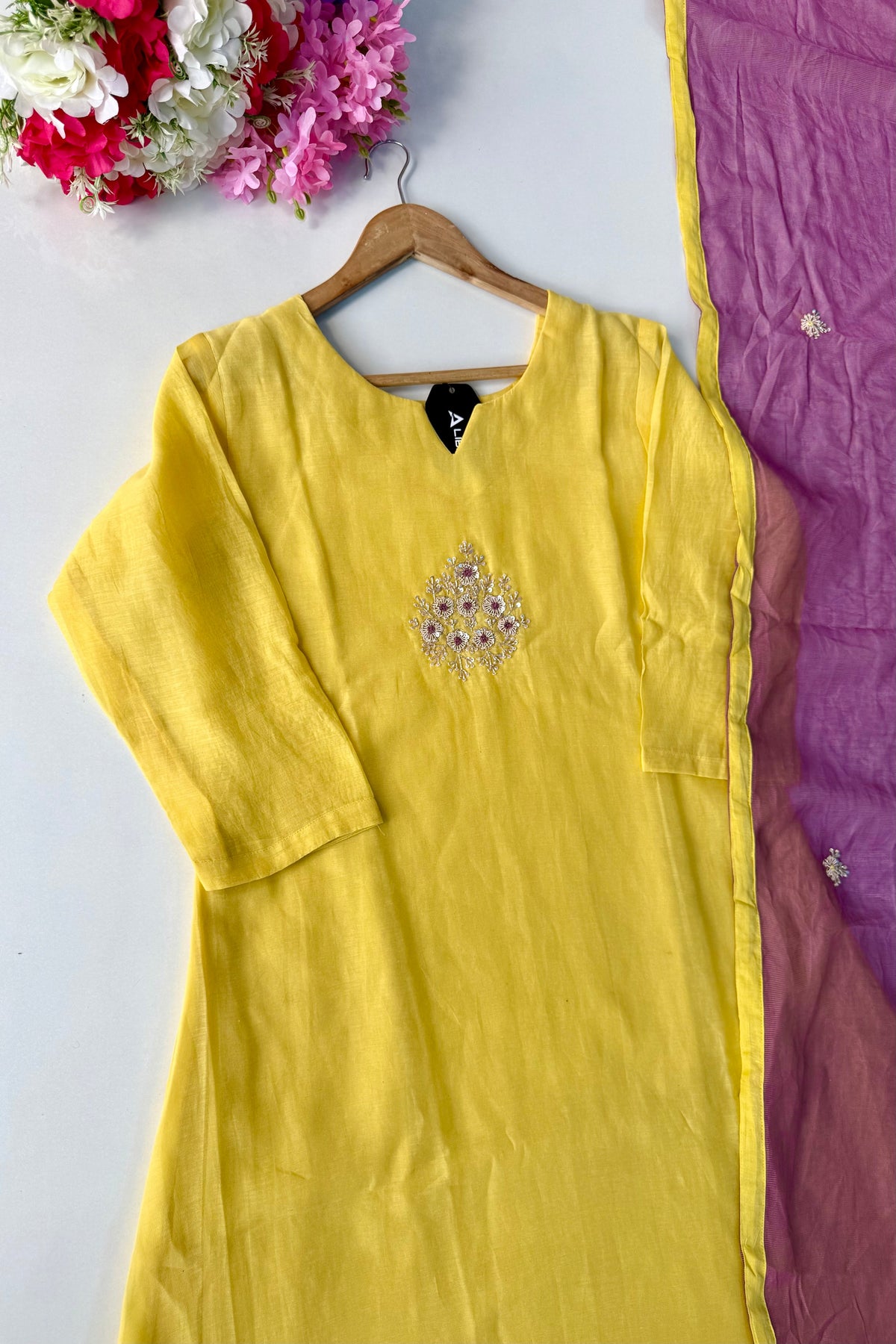 🛍️”Sinthya –  Premium Yellow Mul Chanderi A Line Kurta Set