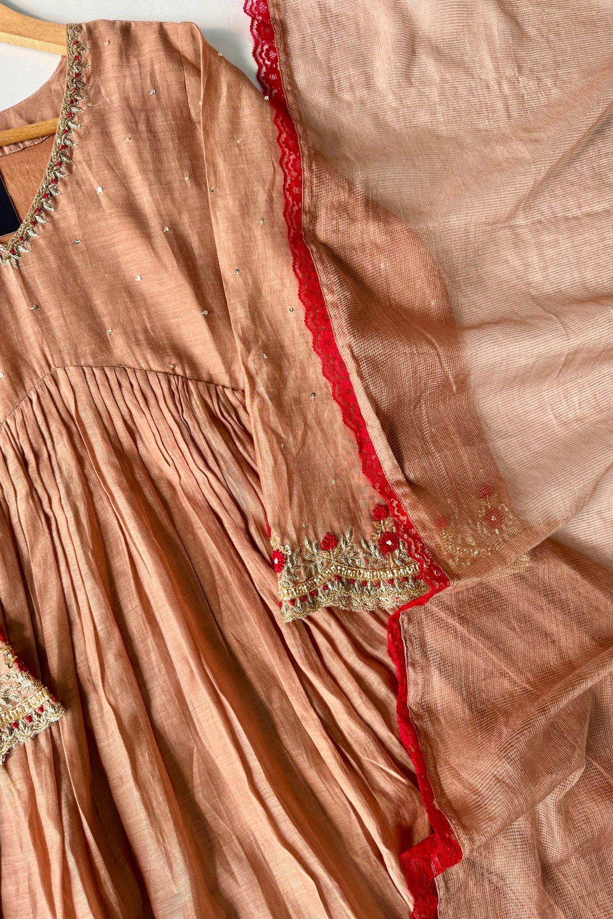 ✨”Almond- Honey Almond Mul Chanderi A-Line Kurta Set