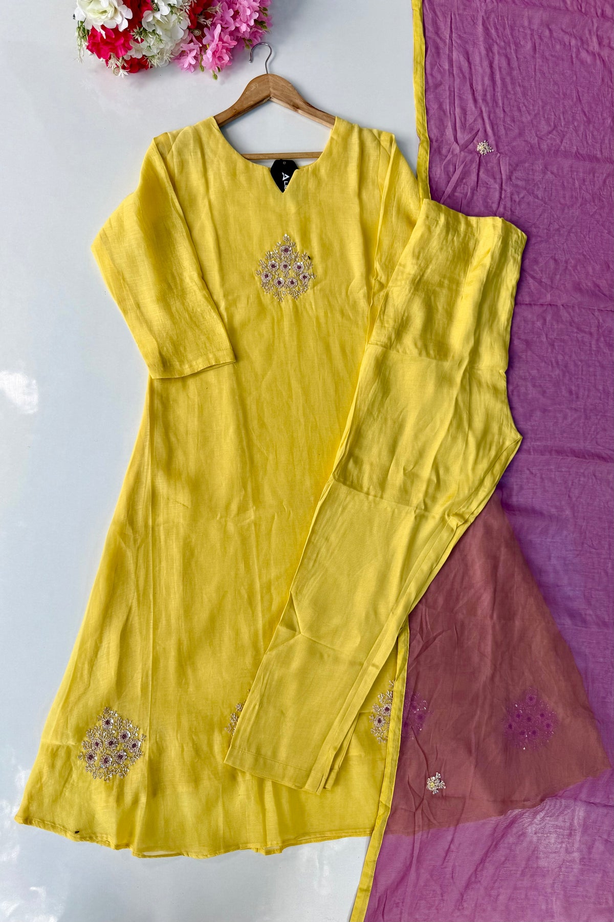 🛍️”Sinthya –  Premium Yellow Mul Chanderi A Line Kurta Set