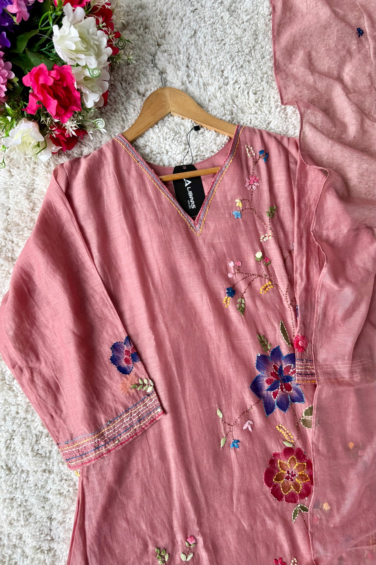 ✨”Avni – Designer Mul Chanderi Embroidered A Line Suit Set