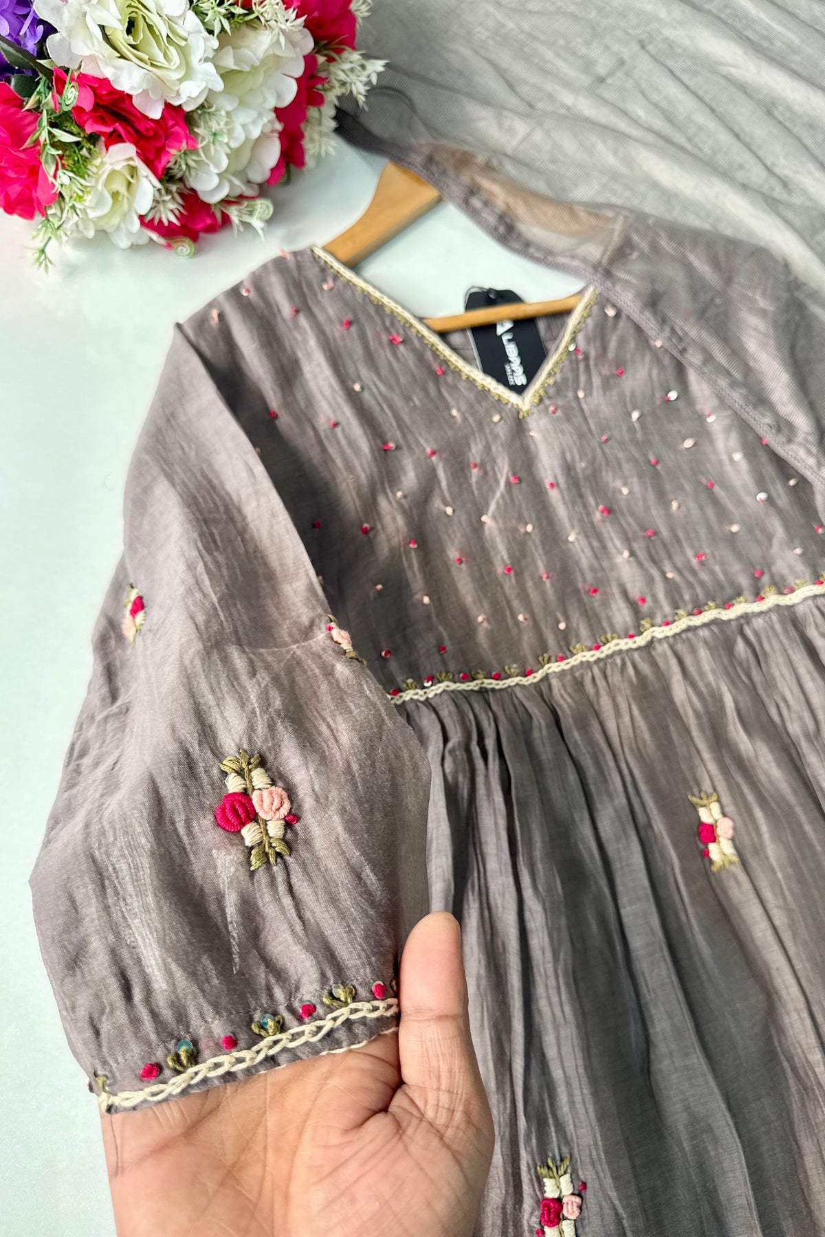 ✨” Smoky- Latest Smoky Taupe Grey Chanderi A-Line Kurta Set✨