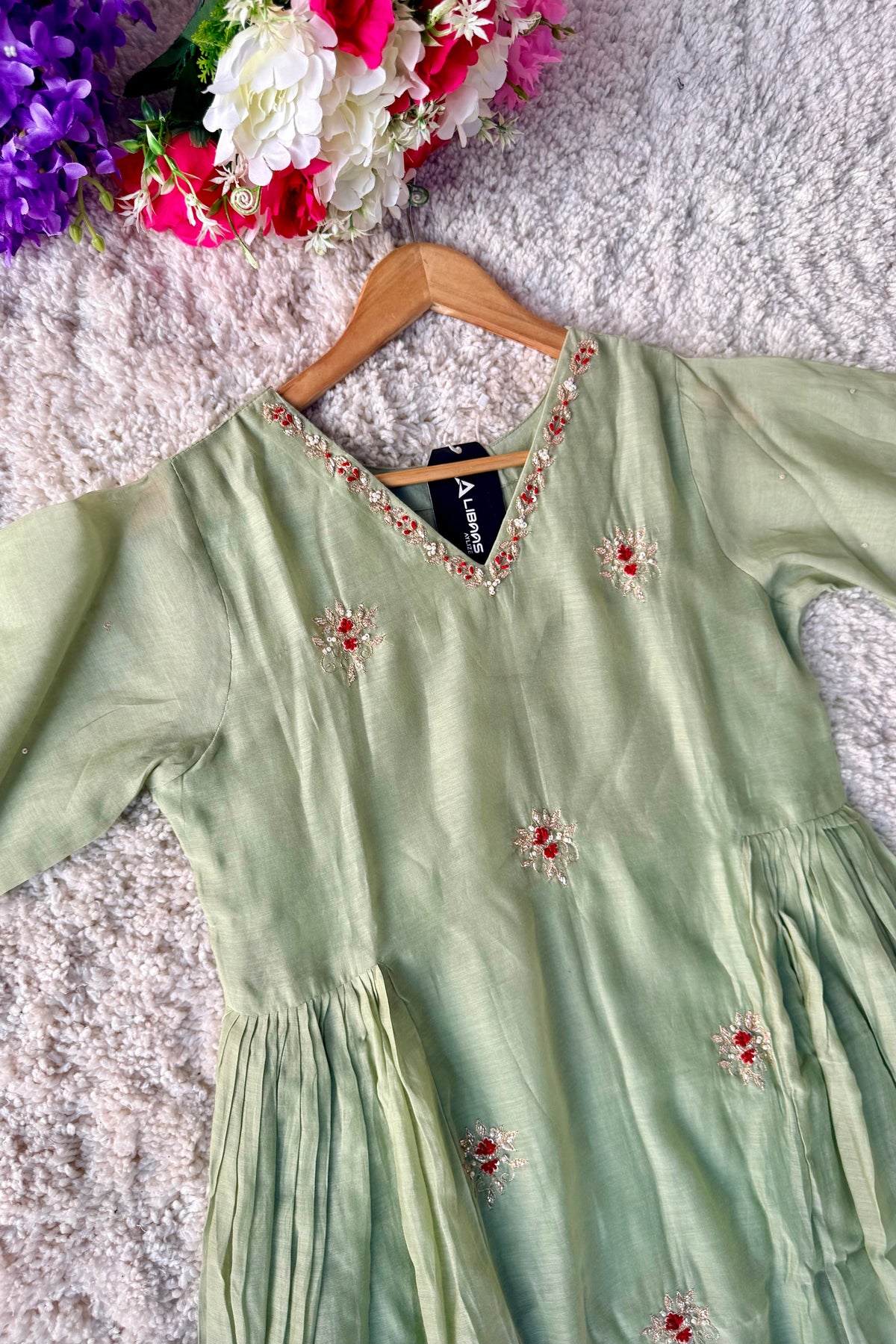 ✨Aabira – Premium Pista Green Mul Chanderi Anarkali kurti set