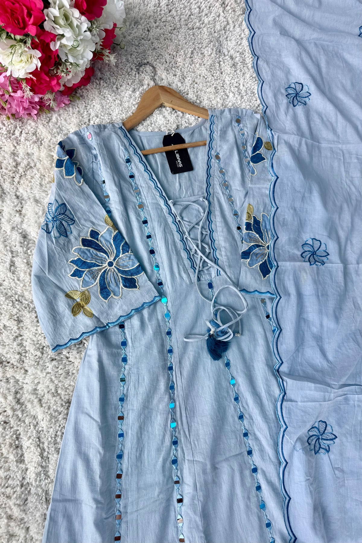 ✨AZ07 - Mirror work Powder Blue Cotton Anarkali Kurta set
