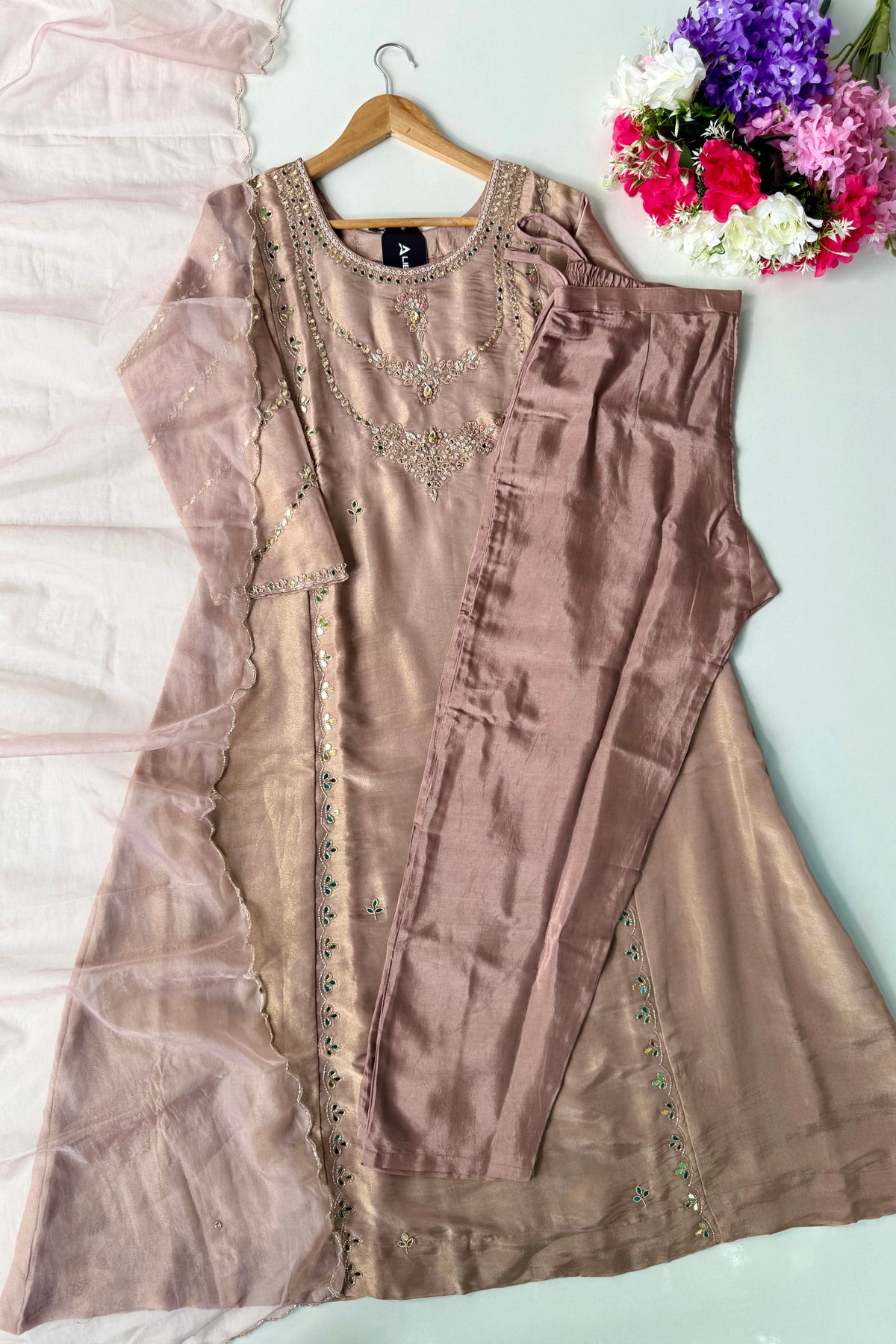 “Ayeza” Premium Tissue Mirror Work A Line Suit set 🛍️