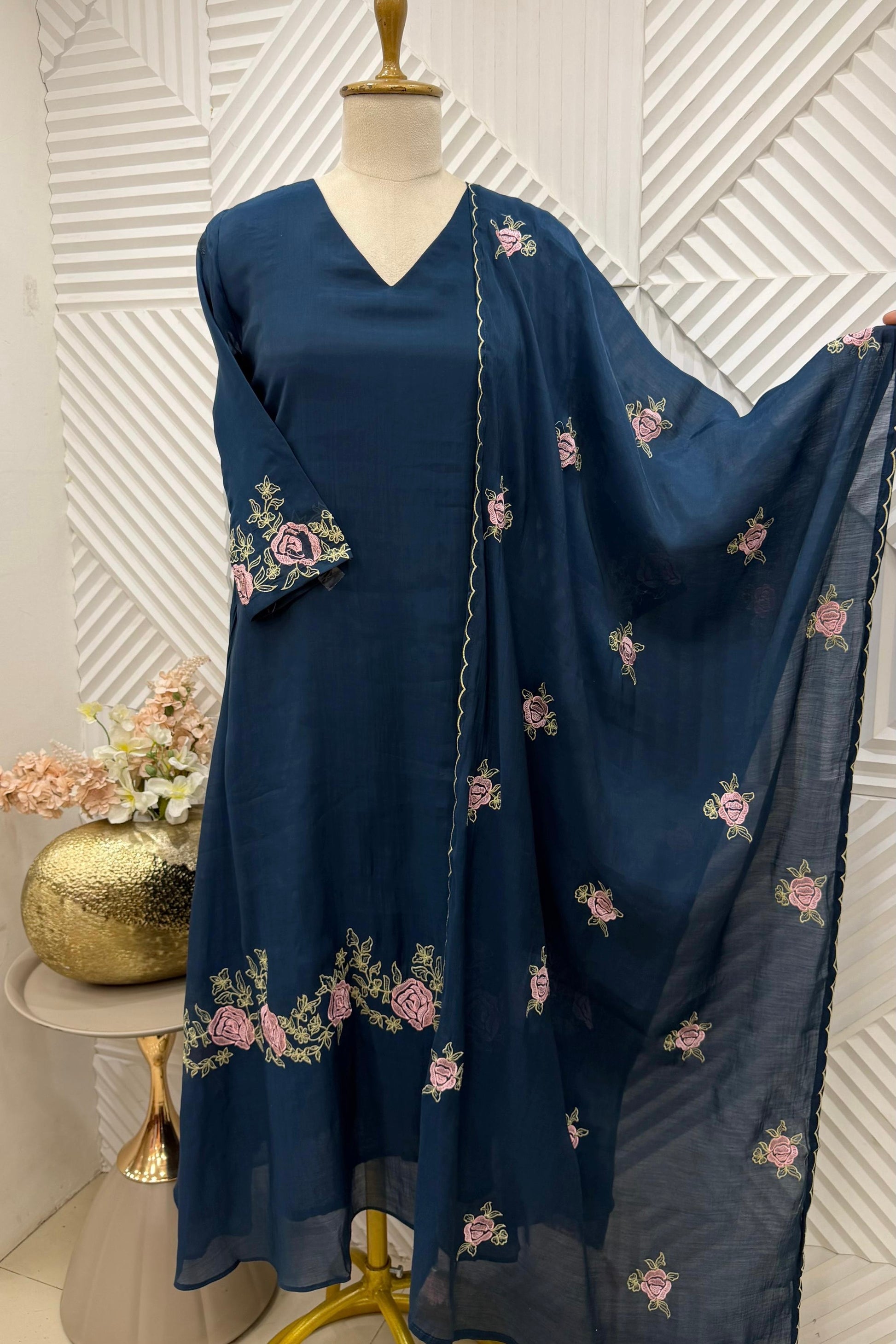 ✨Ay05- Pre book Mul Chanderi Embroidered Work A Line Kurta Set
