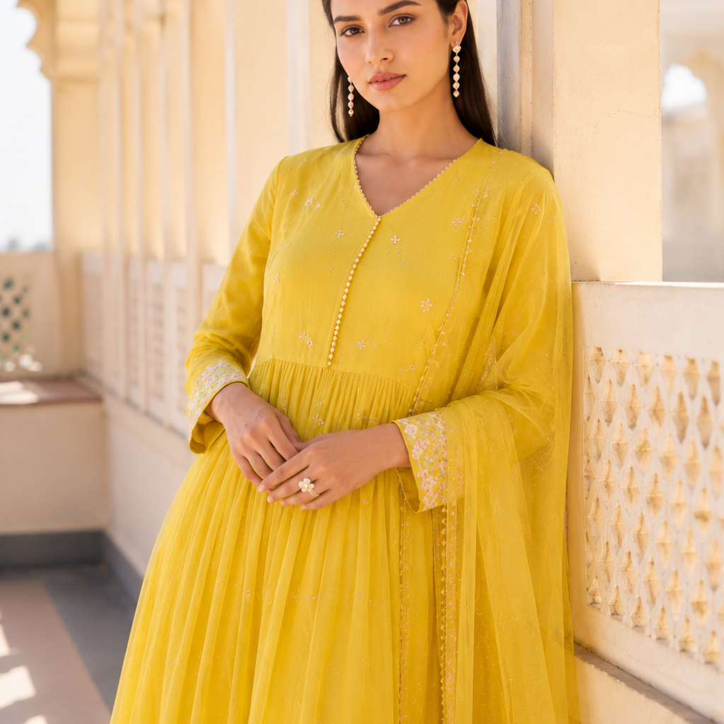 “Sana” Premium Sunflower Cotton Embroidered Anarkali kurta set