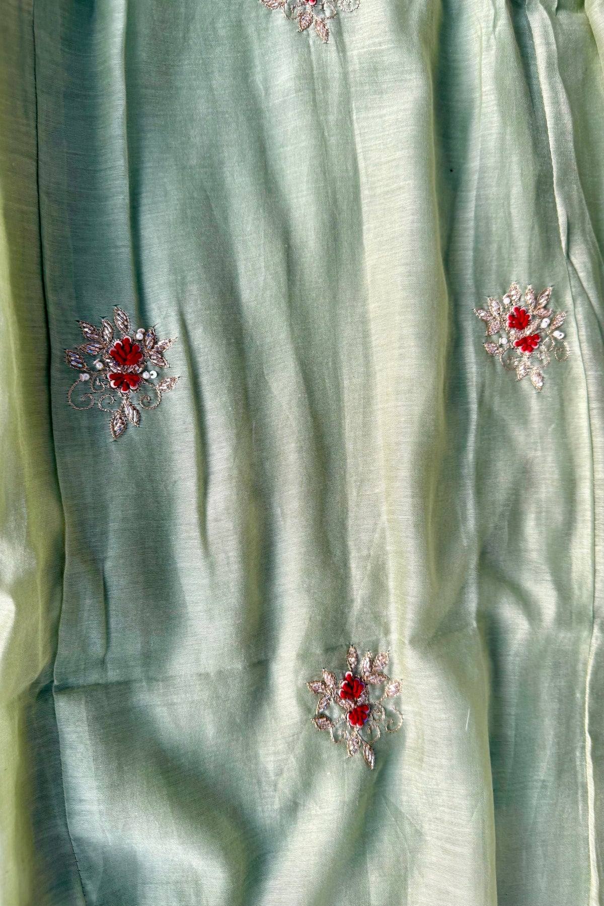 ✨Aabira – Premium Pista Green Mul Chanderi Anarkali kurti set