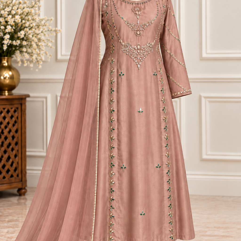 ✨Pearl – Premium Blush Mirror Work Tissue A Line Kurta Sets