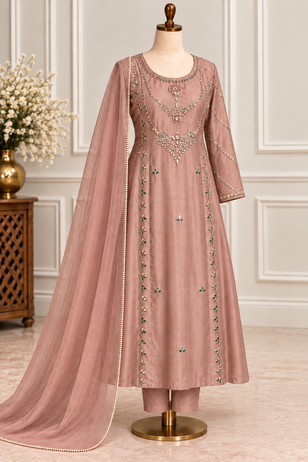 ✨Pearl – Premium Blush Mirror Work Tissue A Line Kurta Sets