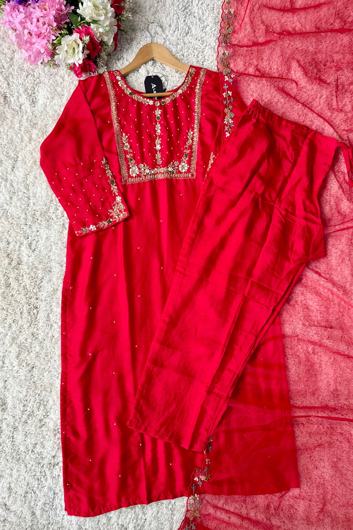 “ALKA” A very beautiful Red piece with zardozi & zari handwork set