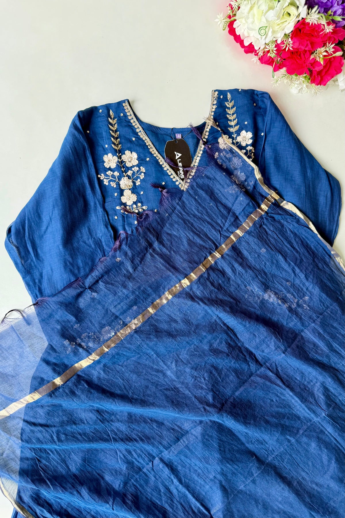 🛍️”Melody –  Premium Blue Banarsi Mul Chanderi Anarkali Suit