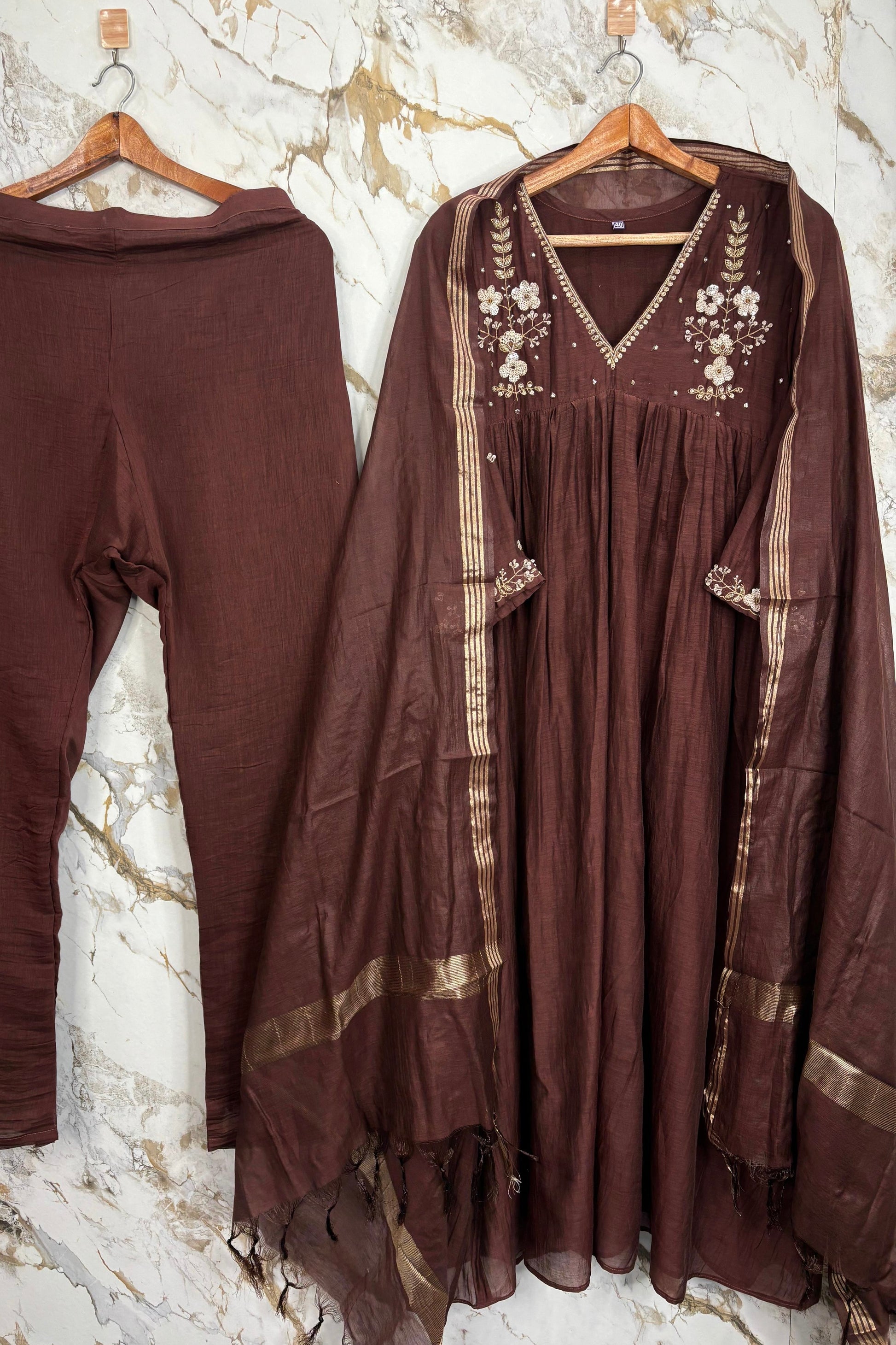 🛍️”Melody –  Premium Wine Banarsi Mul Chanderi A Line Suit