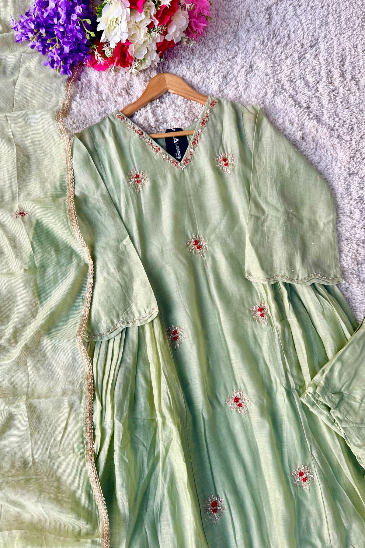 ✨Aabira – Premium Pista Green Mul Chanderi Anarkali kurti set