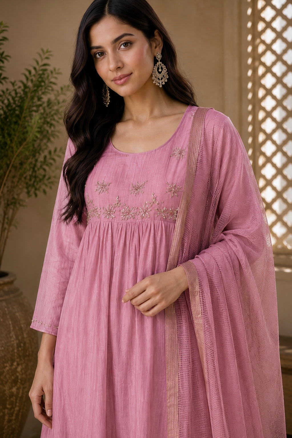 ✨ Sharmila – Banarsi Mul Chanderi A-Line Kurta Set with Dupatta