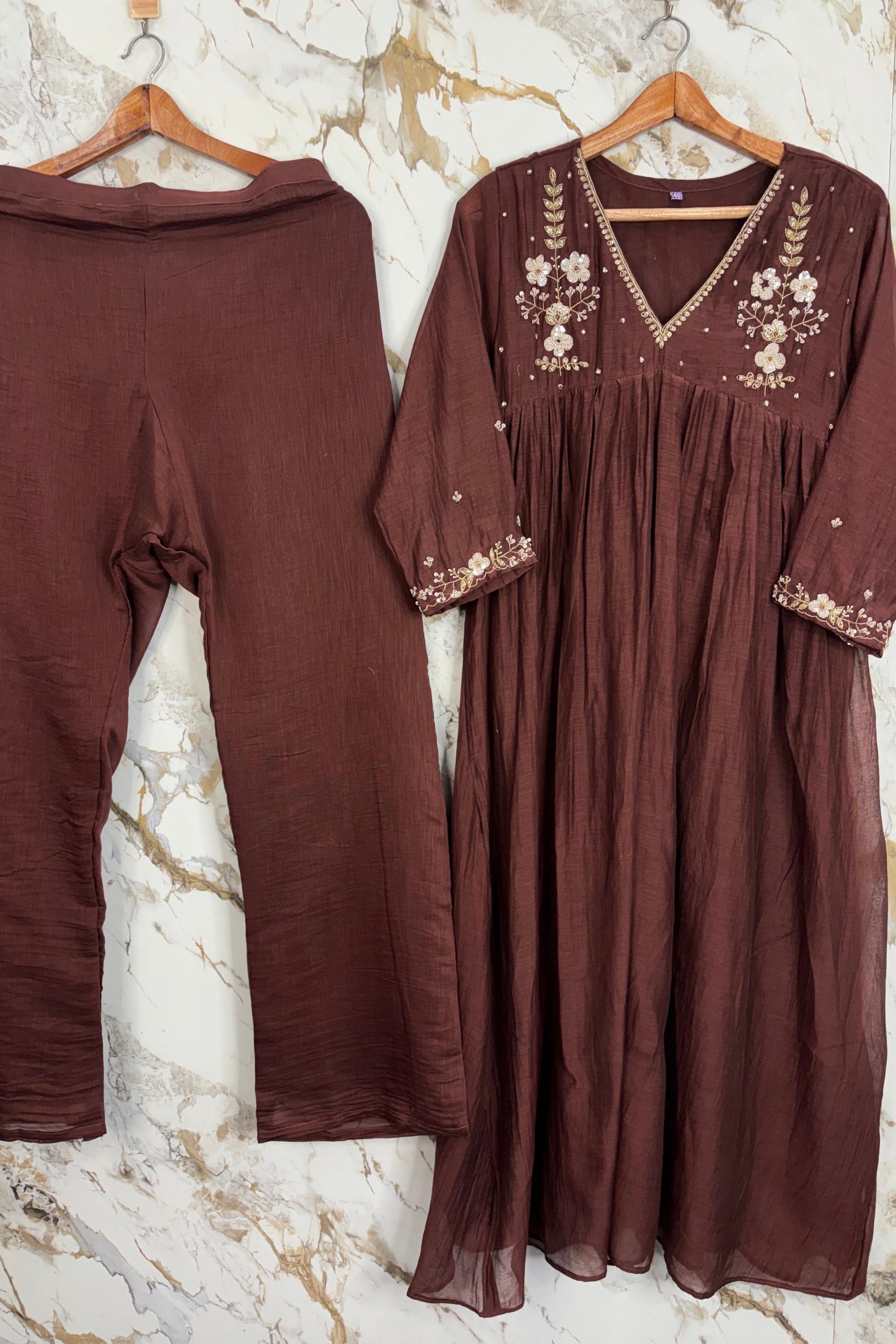 🛍️”Melody –  Premium Wine Banarsi Mul Chanderi A Line Suit