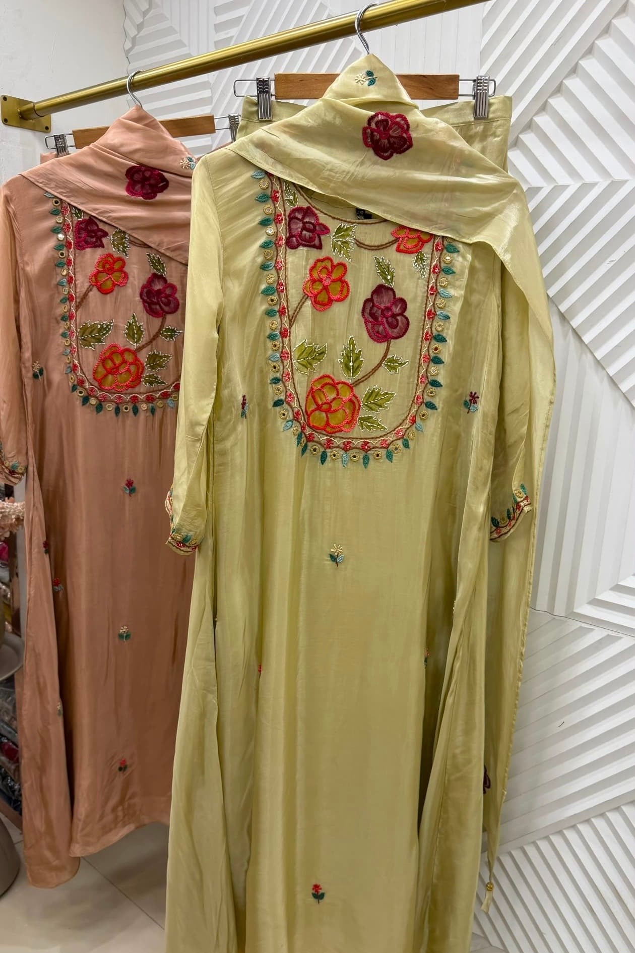 🛍️”Farhat –  Mul Chanderi Thread work A Line Kurta Set