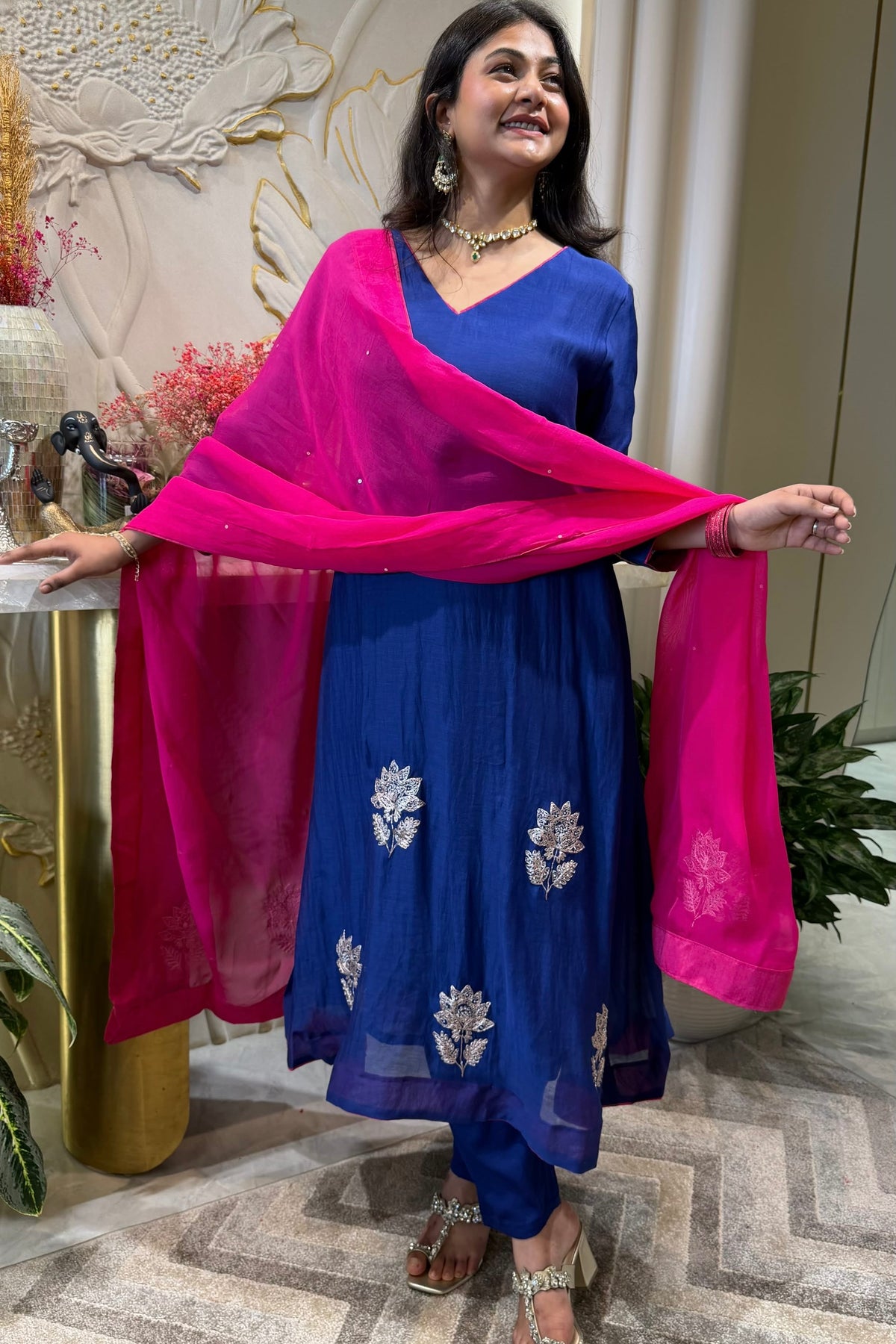 ✨Vedika - Blue Mul Chanderi A-Line Kurta set