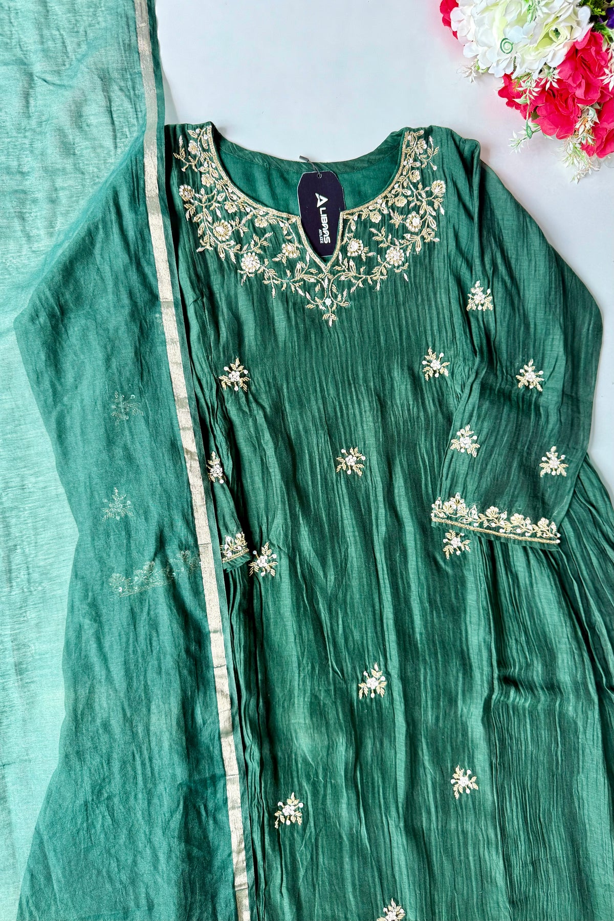 ✨Zoe - Premium Bottle Green Mul Chanderi A Line Kurta Set ✨