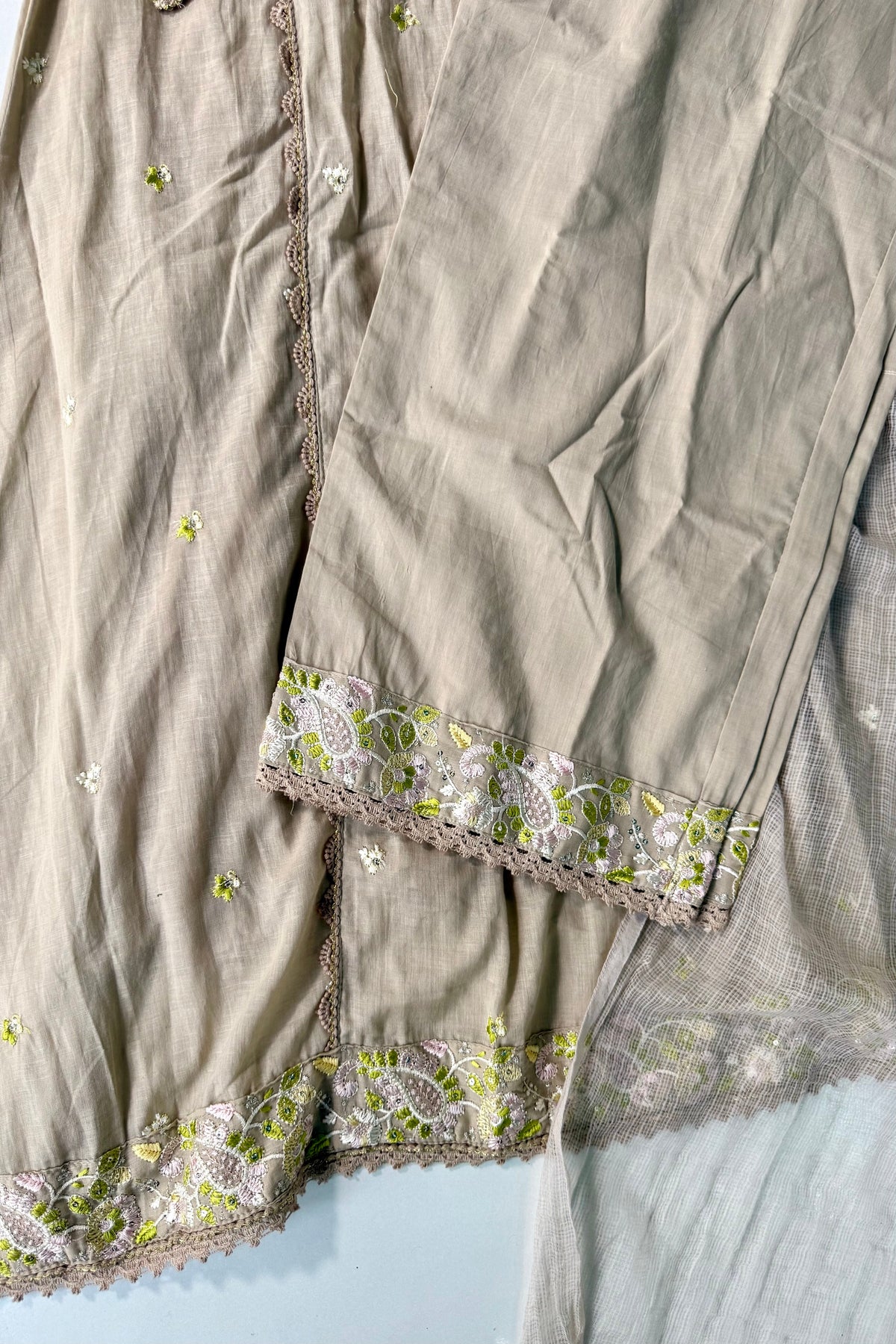“Sana” Premium Sand Beige Cotton Embroidered Anarkali kurta set