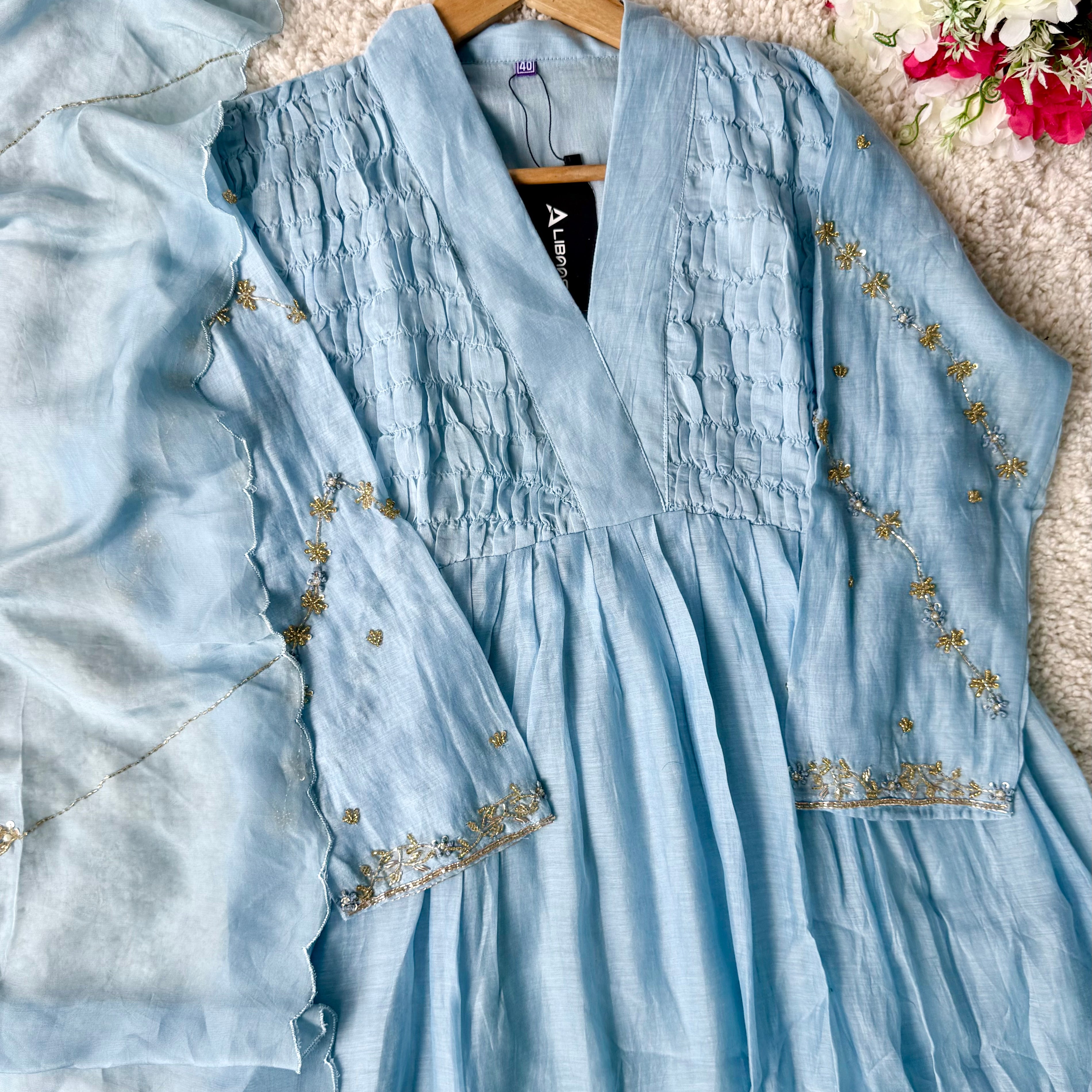 ✨Umang- Premium Blue Mul Chanderi Anarkali Kurta Set