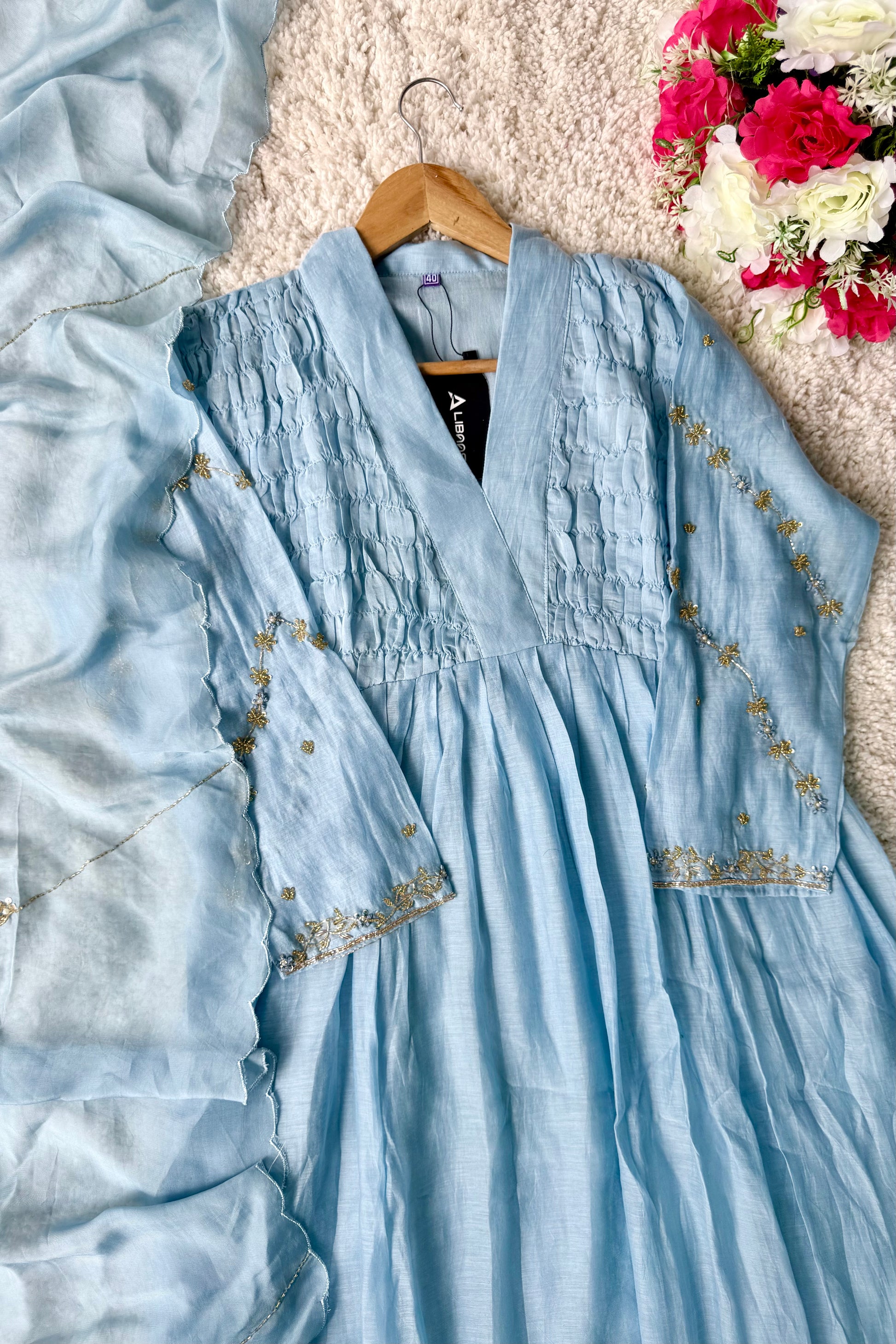 ✨Umang- Premium Blue Mul Chanderi Anarkali Kurta Set