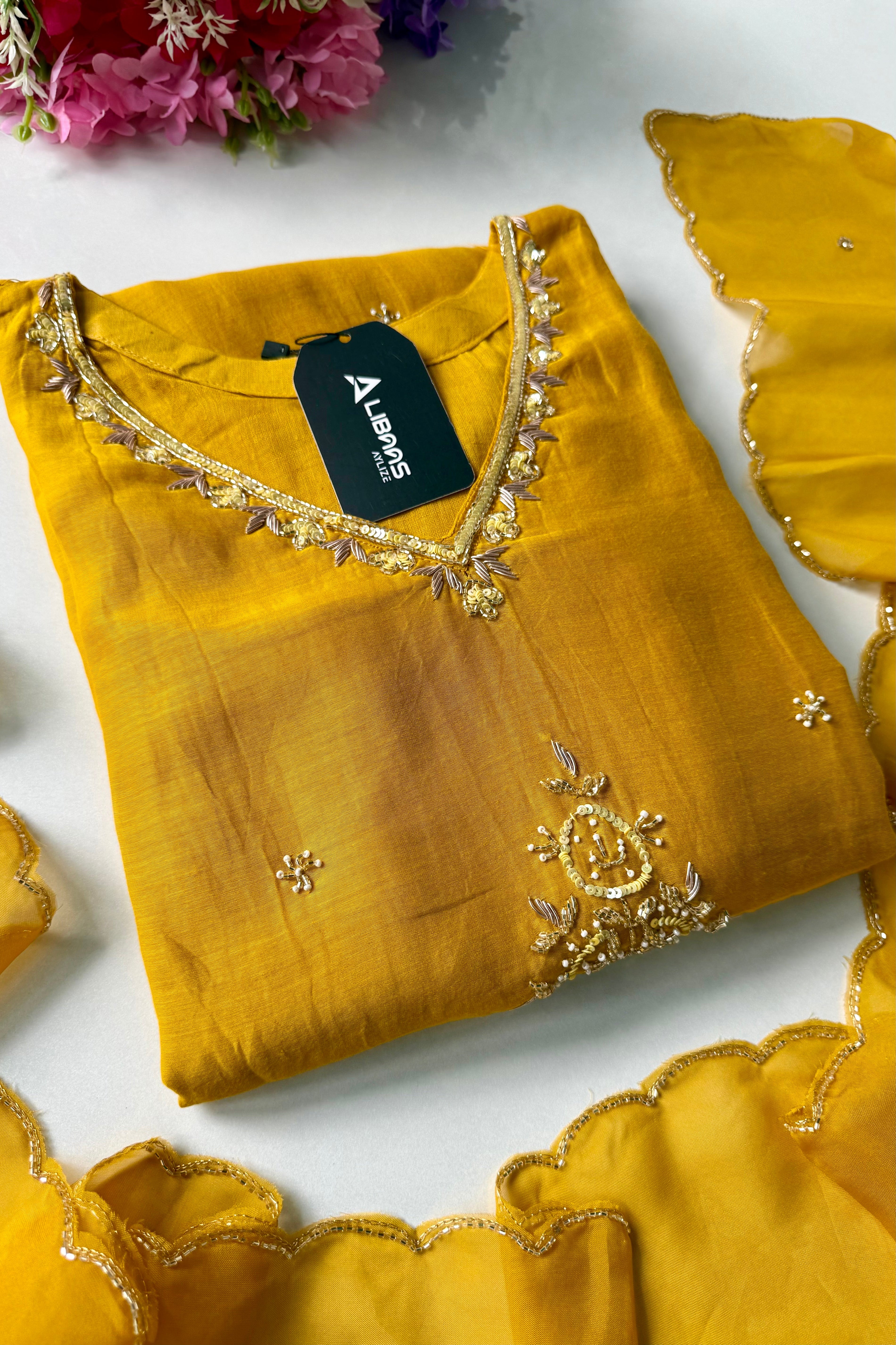 ✨”Zaria - Mustard Mul Chanderi A-Line Kurta Set