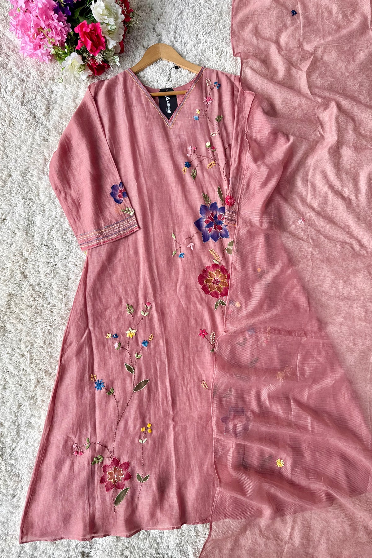 ✨”Avni – Designer Mul Chanderi Embroidered A Line Suit Set