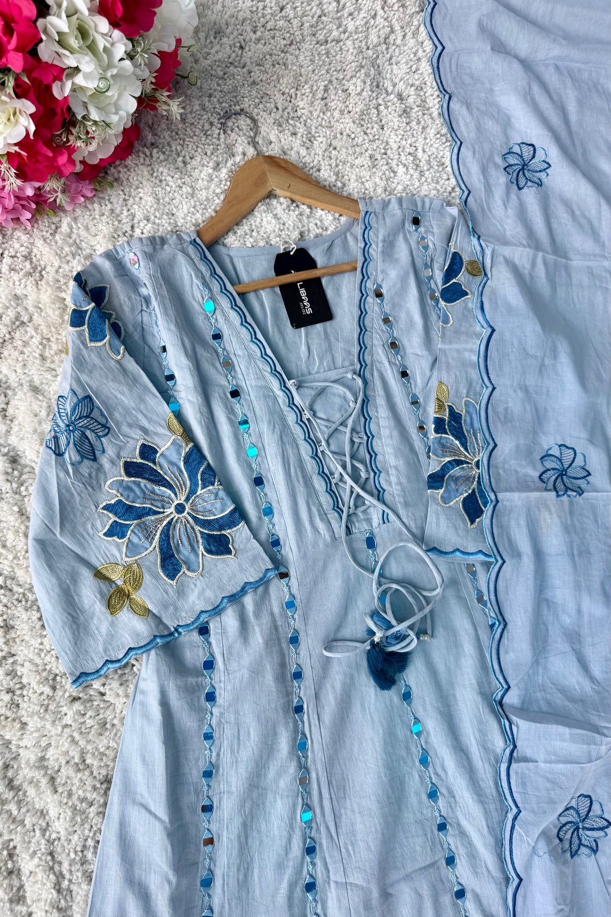 ✨AZ07 - Mirror work Powder Blue Cotton Anarkali Kurta set