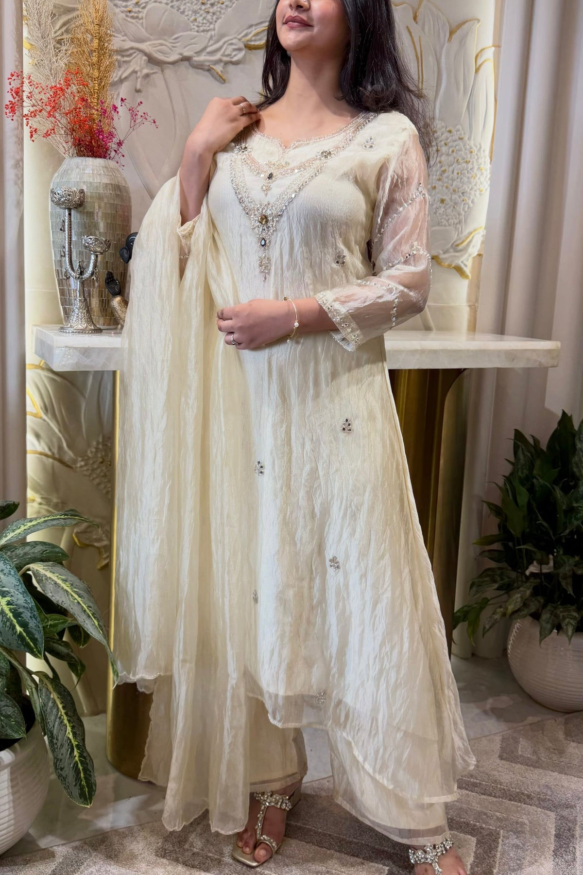 ✨Farah- Ivory Champagne Tisuse A-Line Kurta set