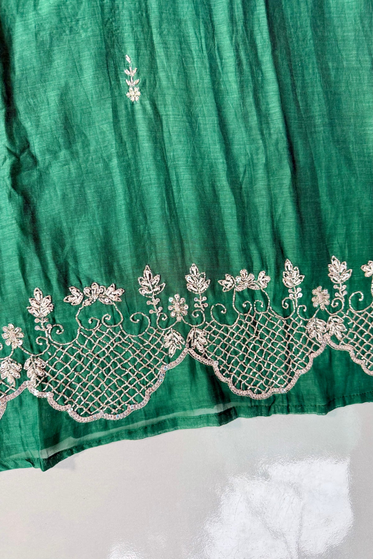 ✨”Eshal - Premium Green Mul Chanderi A-Line Kurta Set