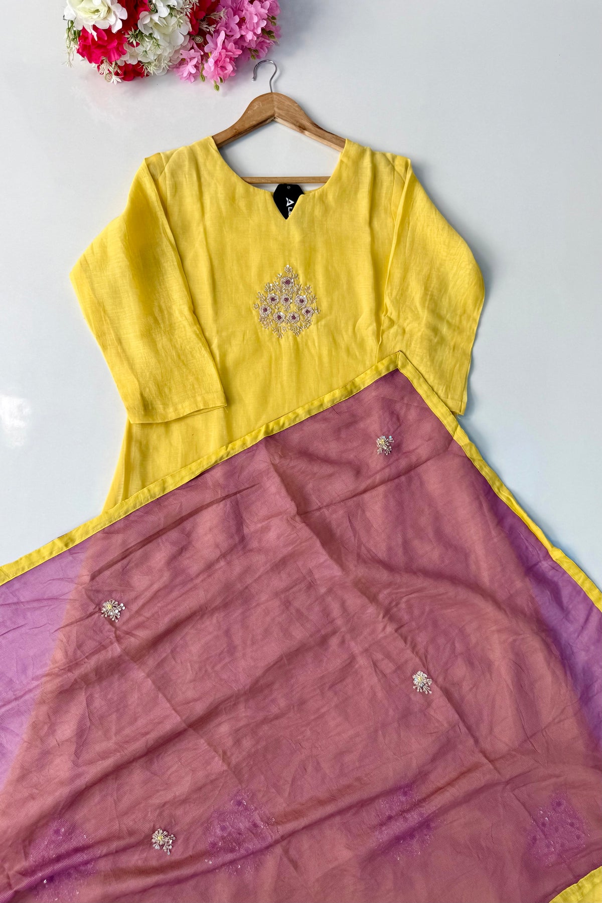 🛍️”Sinthya –  Premium Yellow Mul Chanderi A Line Kurta Set