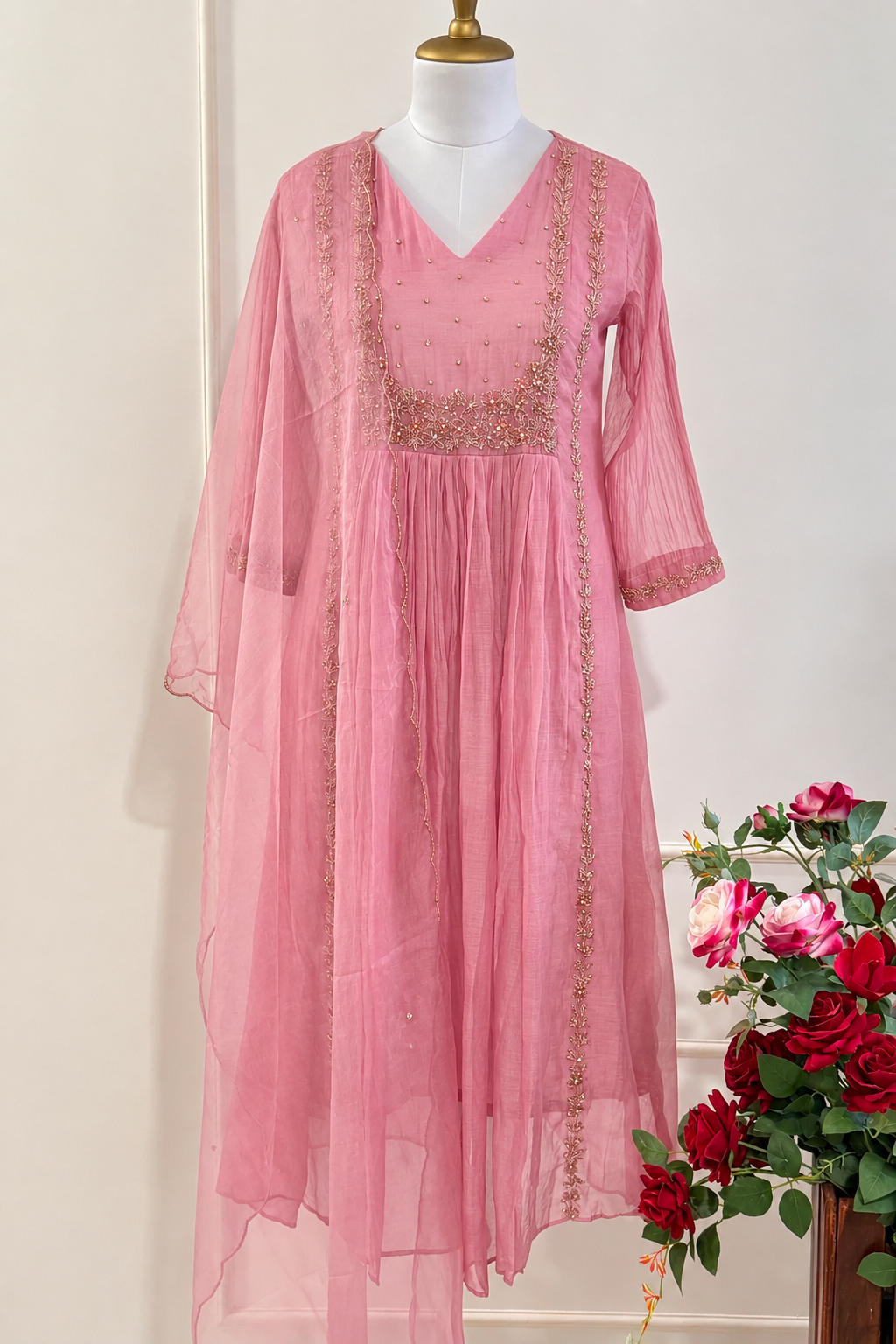“Ayza”  Pre book Premium Blush Rose Pink  Mul Chanderi A Line Suit set 🛍️
