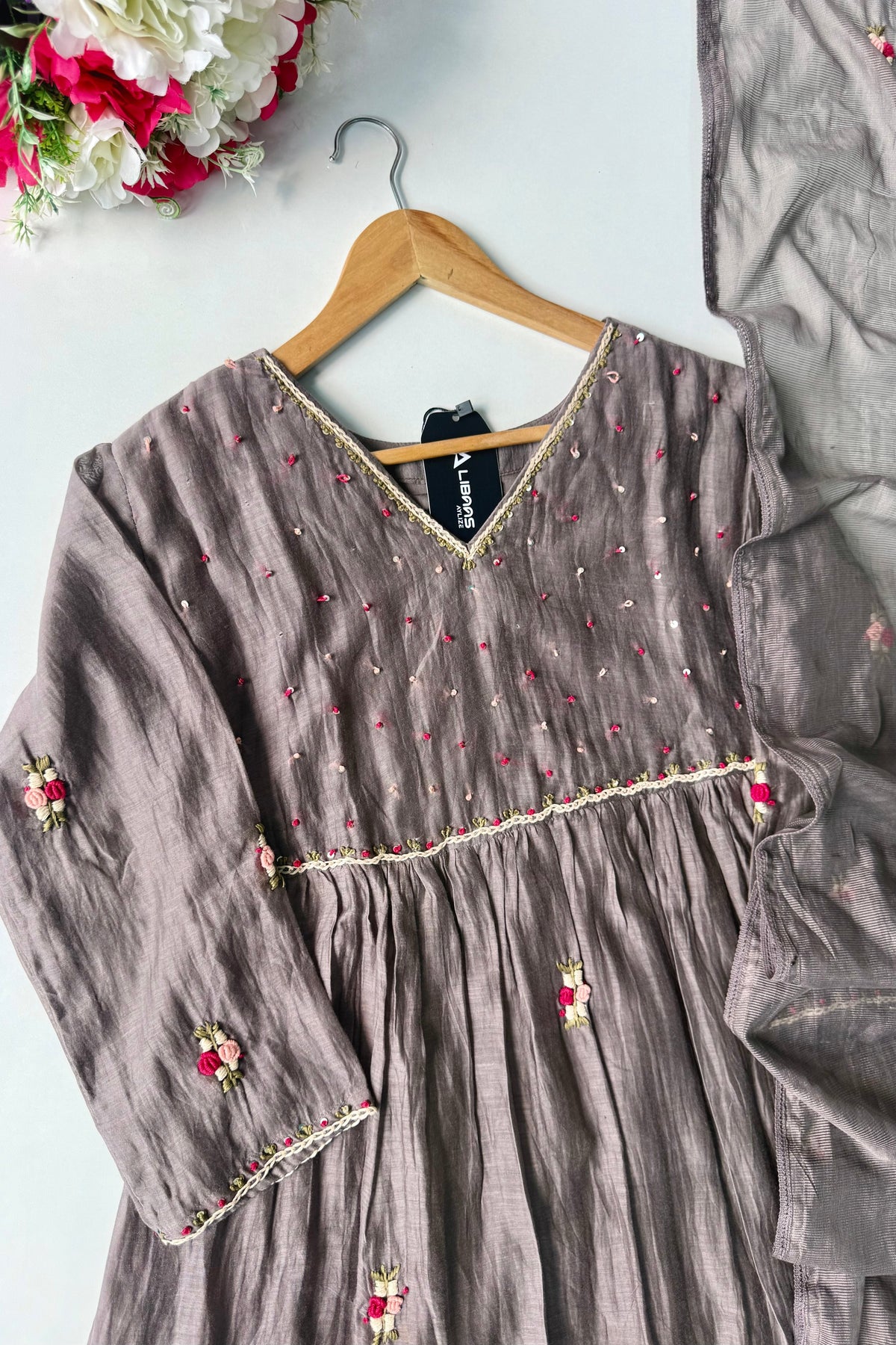 ✨” Smoky- Latest Smoky Taupe Grey Chanderi A-Line Kurta Set✨
