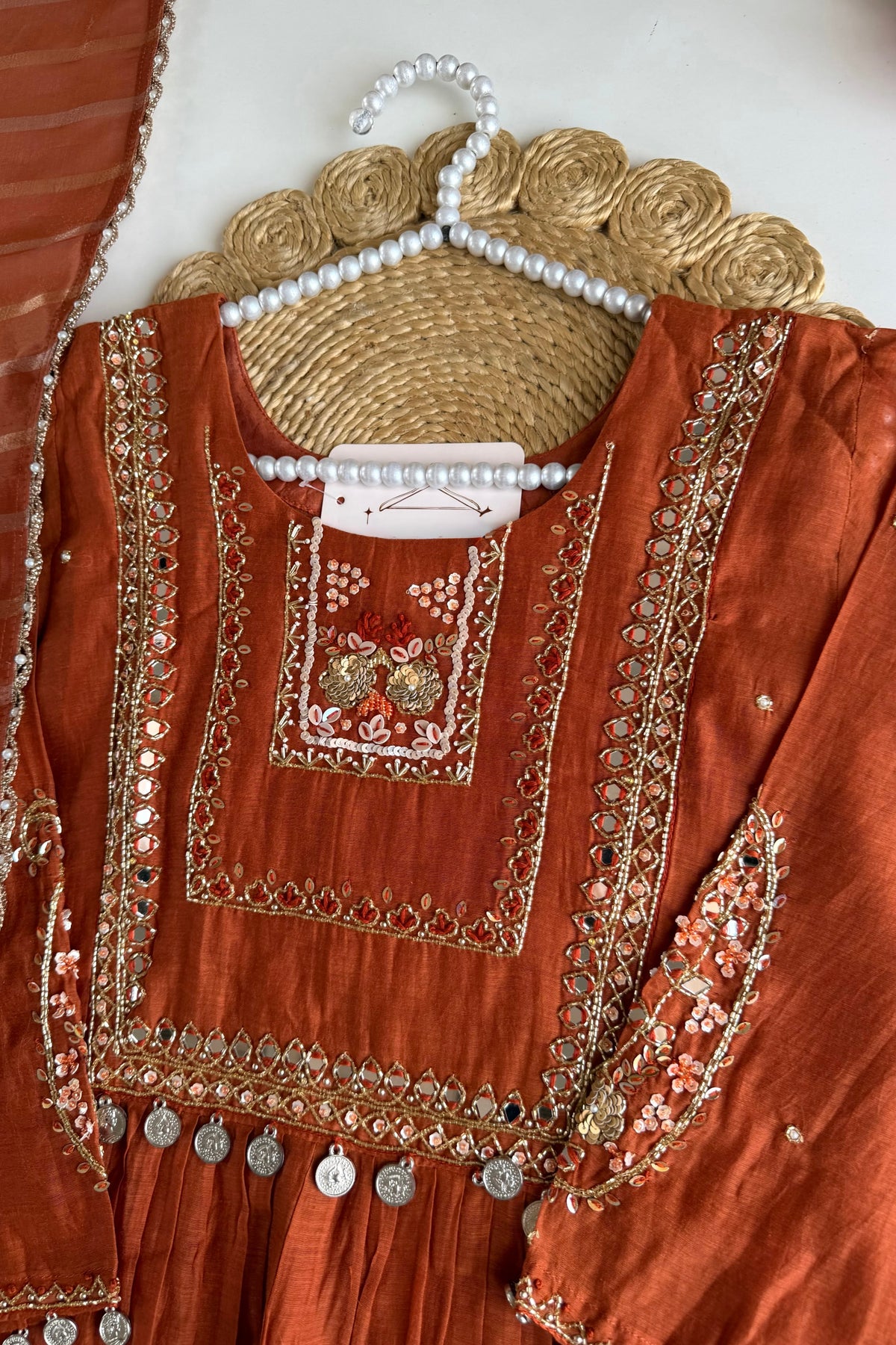 ✨”Noor - Premium Orange Mul Chanderi A-Line Kurta Set